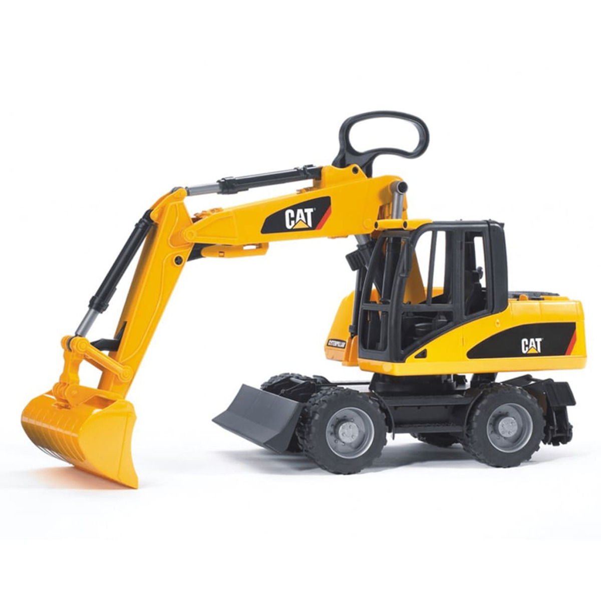 Żółta zabawka CAT koparki na białej powierzchni, z czarnym uchwytem i łyżką.