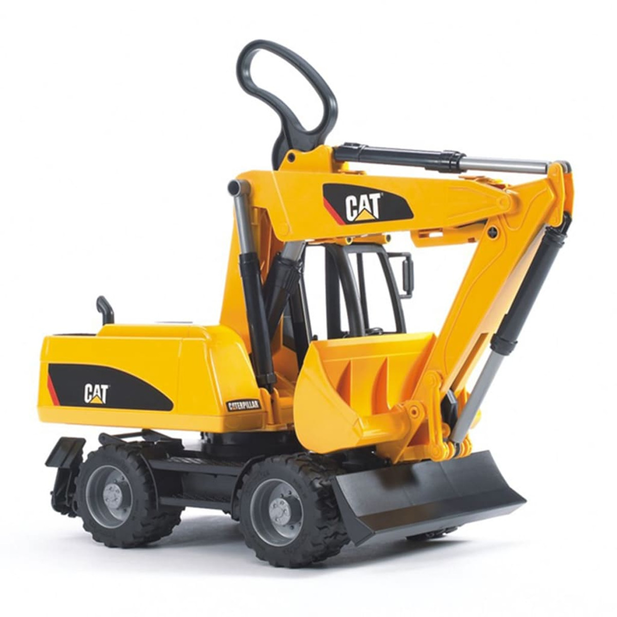 Żółta zabawka CAT koparki na białej powierzchni, z czarnym uchwytem i łyżką.