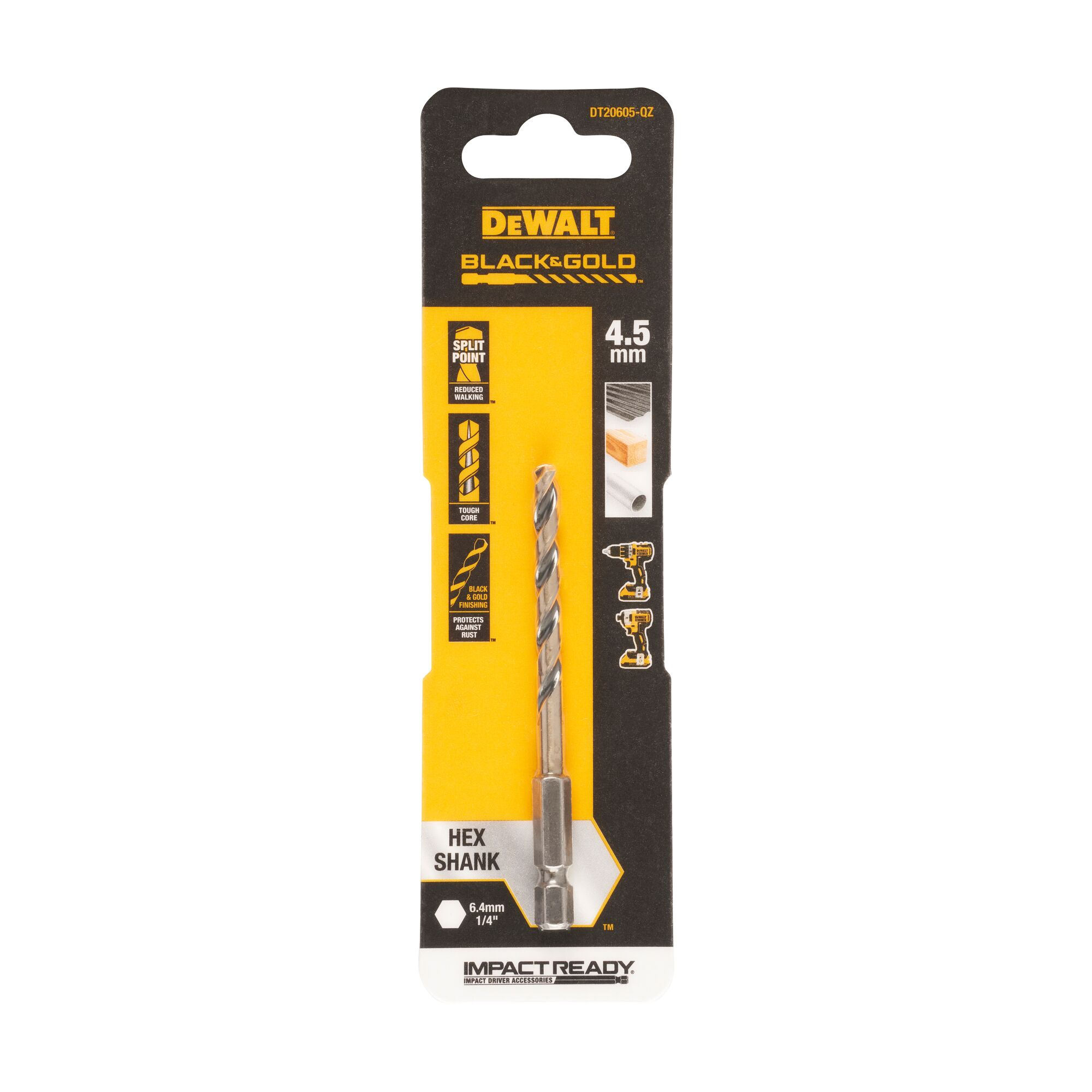 Un paquete de brocas DeWalt Black & Gold, con una broca e instrucciones. El fondo es blanco.