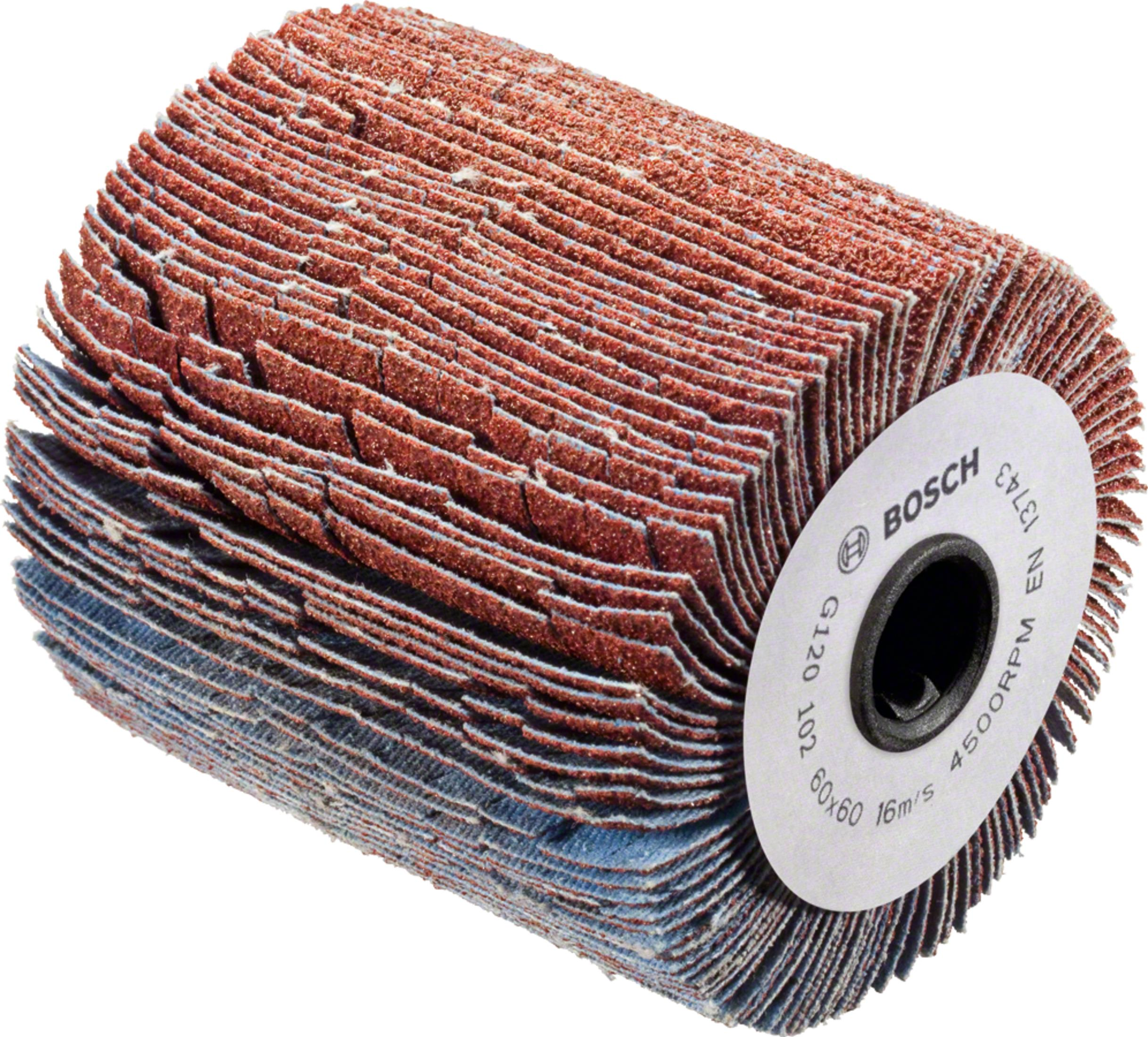 Een cilindrische slijpschijf met bruin en blauw schuurmateriaal en een BOSCH-label.