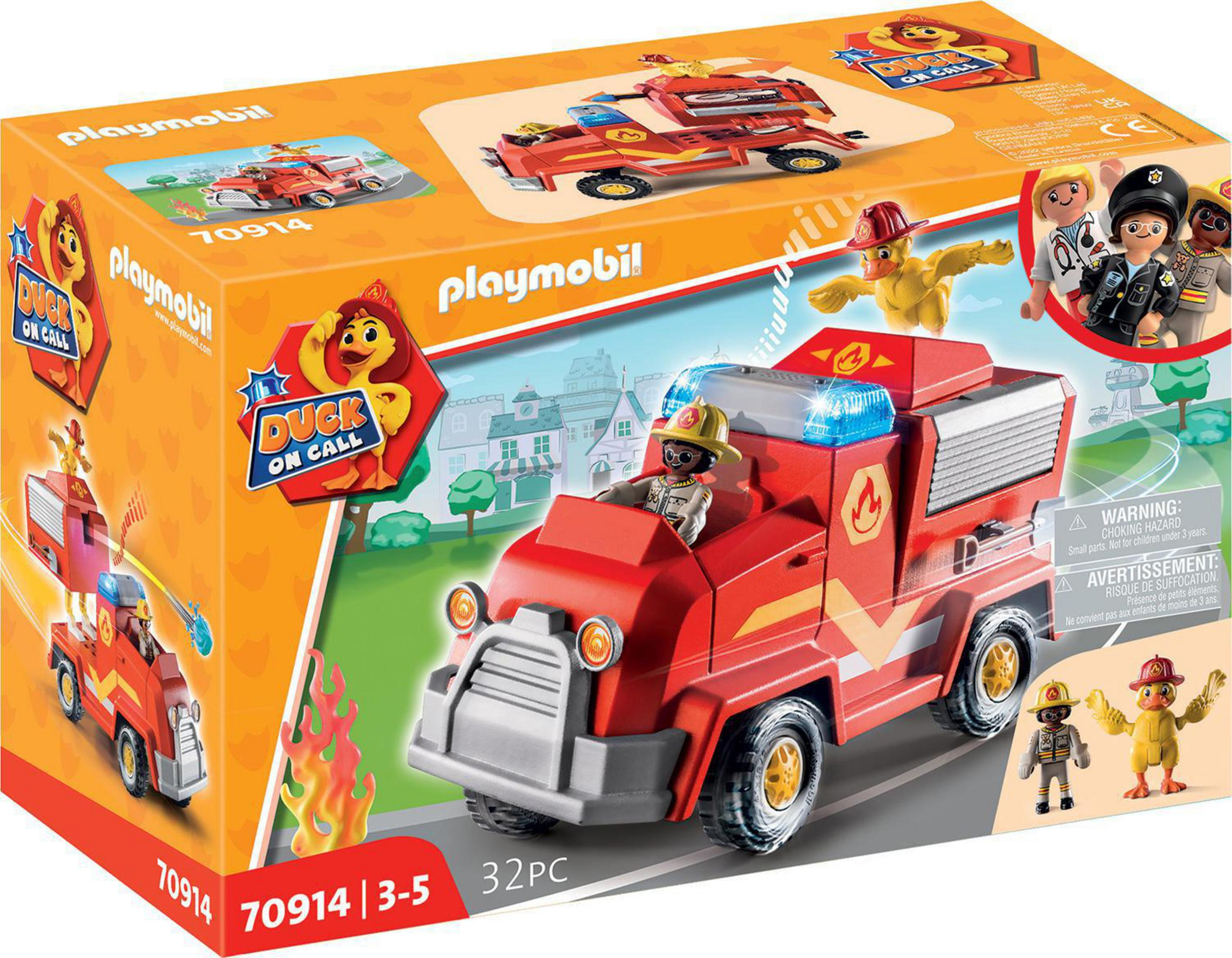 Eine Playmobil-Feuerwehrwagenbox, mit rotem Feuerwehrauto und einer Feuerwehrfigur. Der Hintergrund ist weiß.