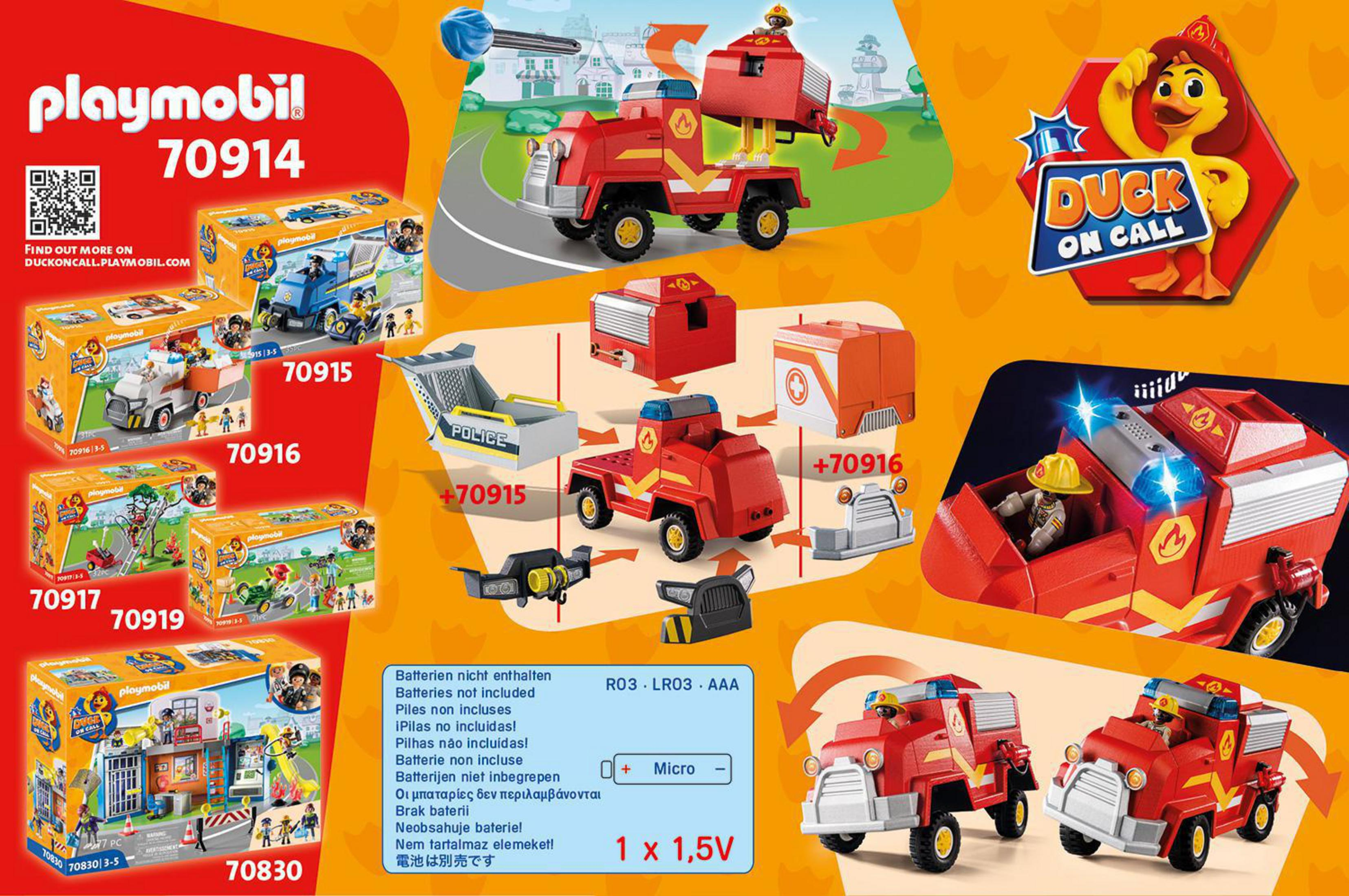 Playmobil-Box mit verschiedenen Teilen einer Feuerwache und Feuerwehrautos. Weißer Hintergrund, Text und Figuren.
