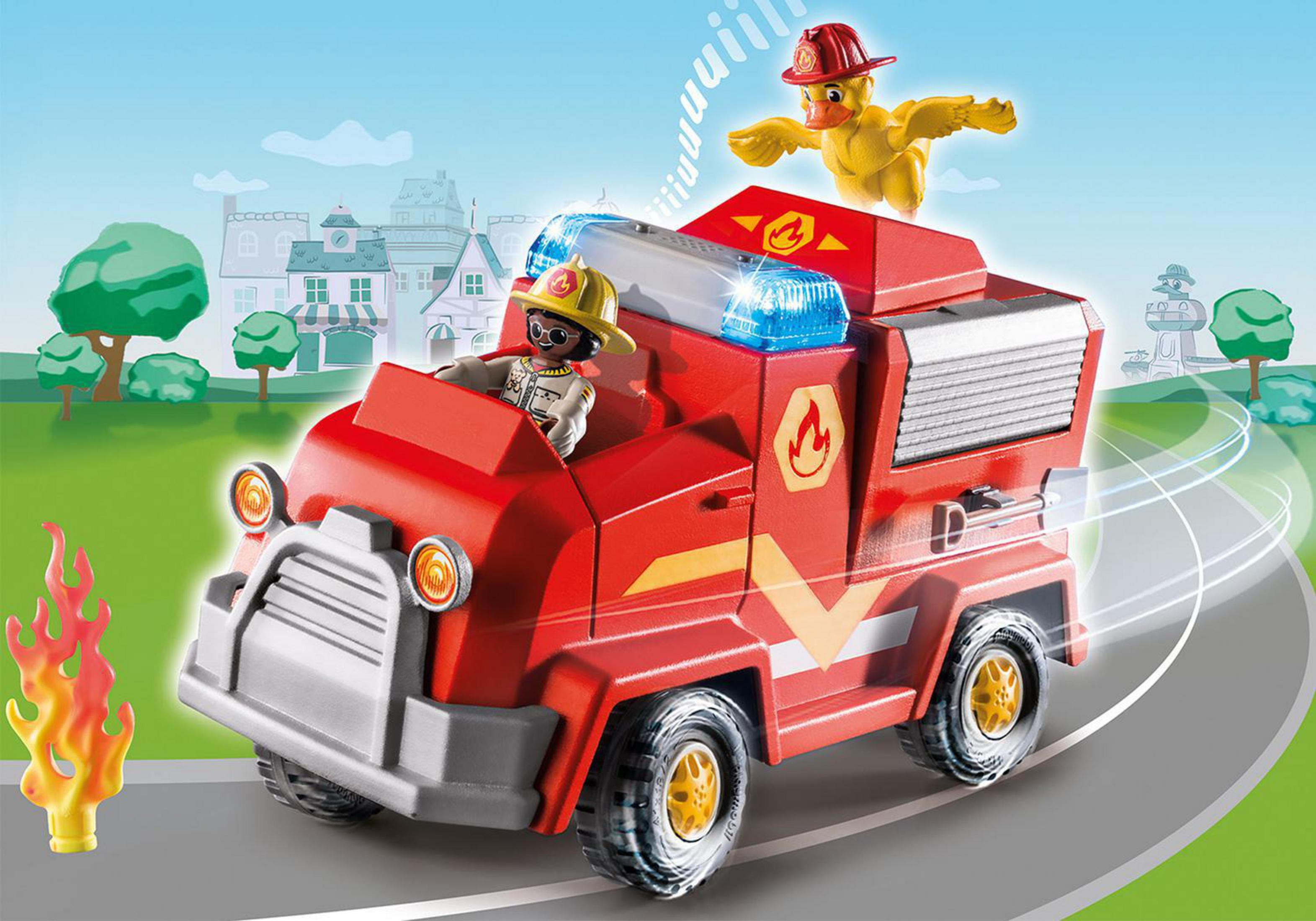 Rotes Feuerwehrauto-Spielzeug mit Fahrer, Ente und Flamme. Der Hintergrund zeigt eine Stadtszene.