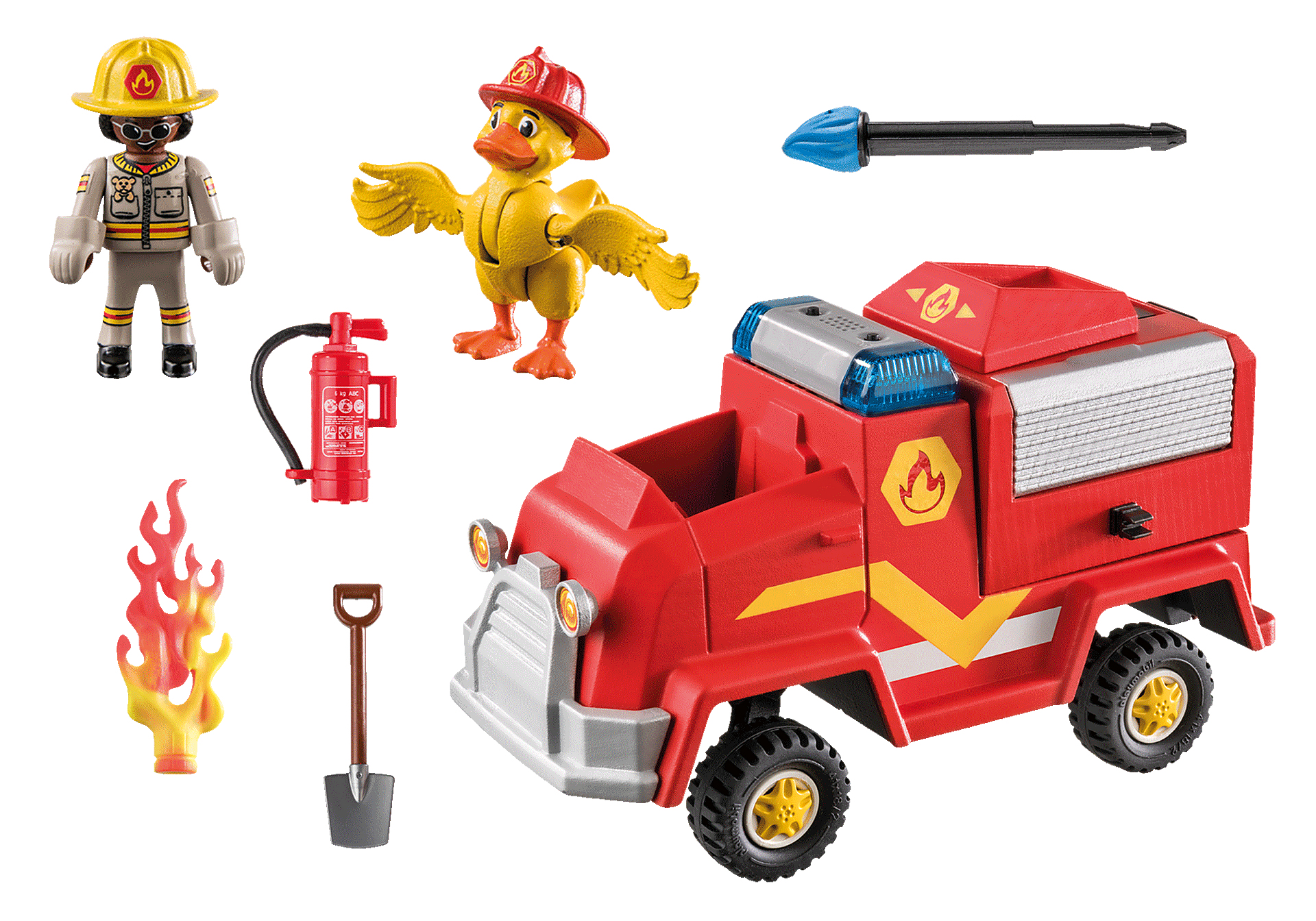 Feuerwehr-Spielzeugset mit rotem Truck, Feuerwehrmann, Ente und Zubehör. Weißer Hintergrund.