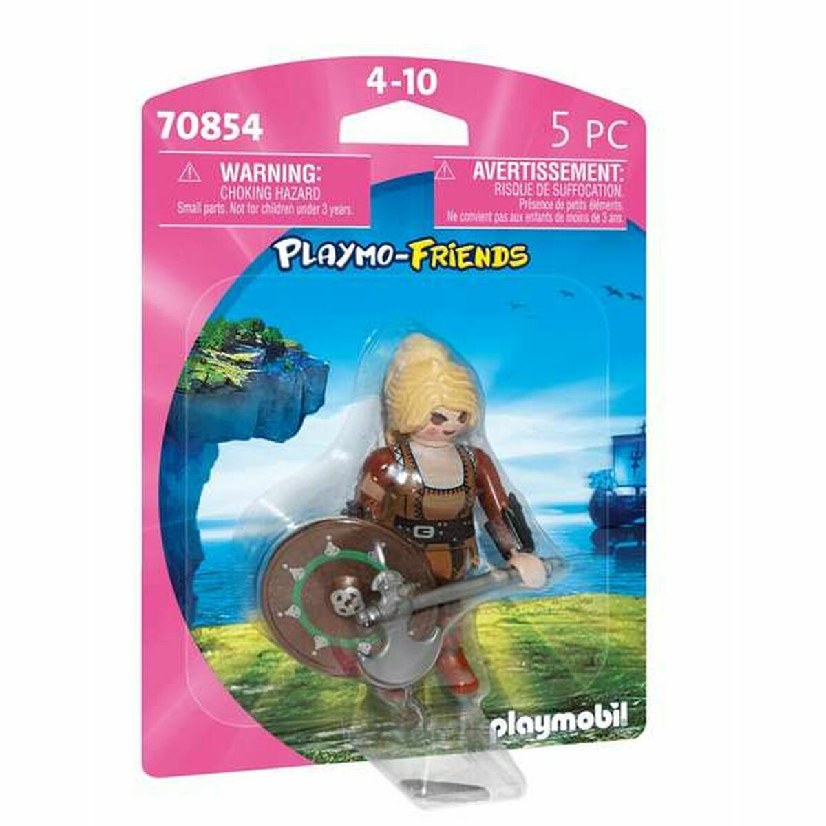 Playmobil Wiking w blistrze, trzymająca topór i tarczę.