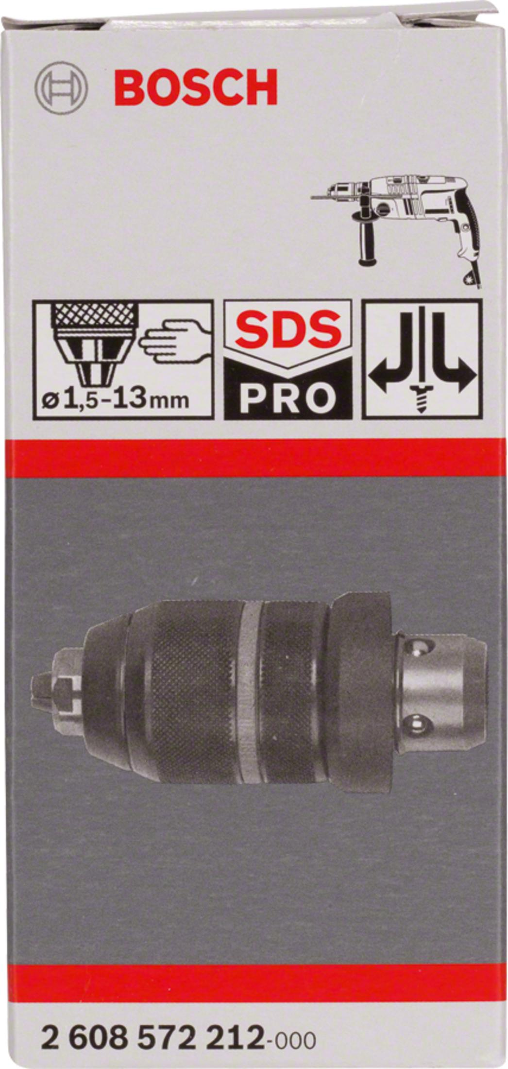 Pudełko uchwytu wiertarskiego Bosch SDS Pro. Pokazuje uchwyt i ilustracje wiertła z SDS PRO i rozmiarem.