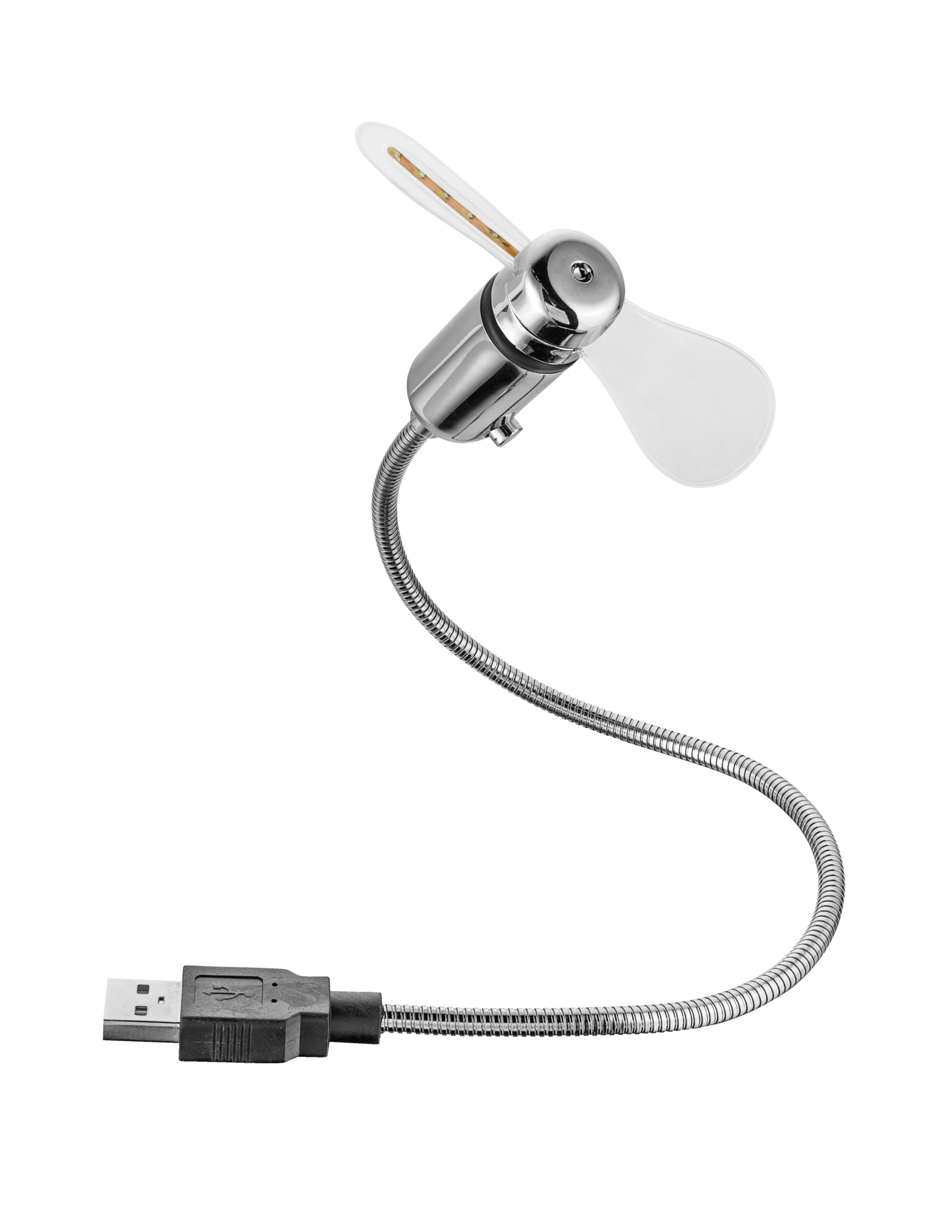 Wentylator USB z dwoma łopatkami, srebrnym korpusem, elastyczną szyją, białe tło.
