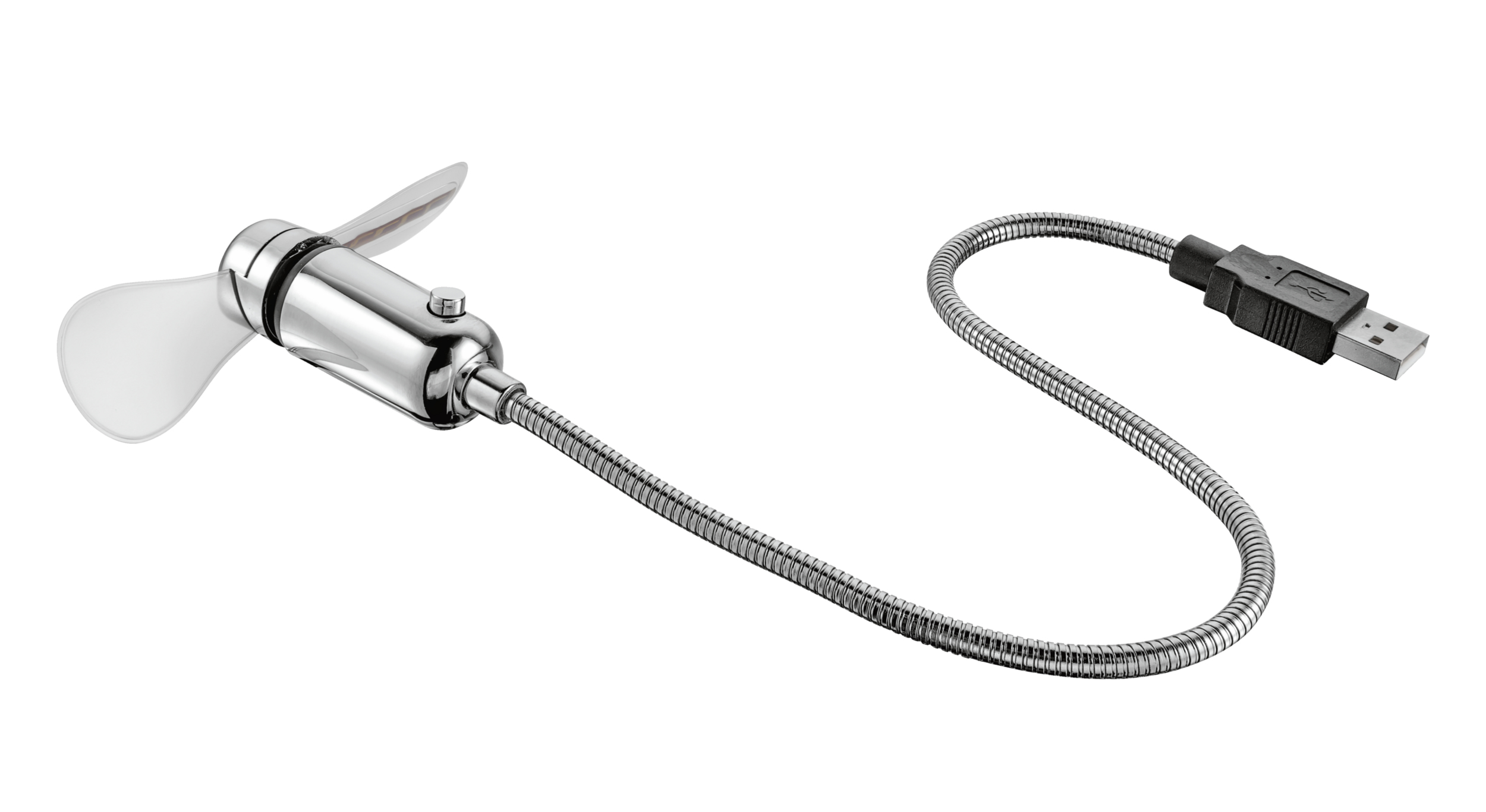 Wentylator USB z dwoma łopatkami i srebrnym korpusem, z elastyczną metalową szyją.