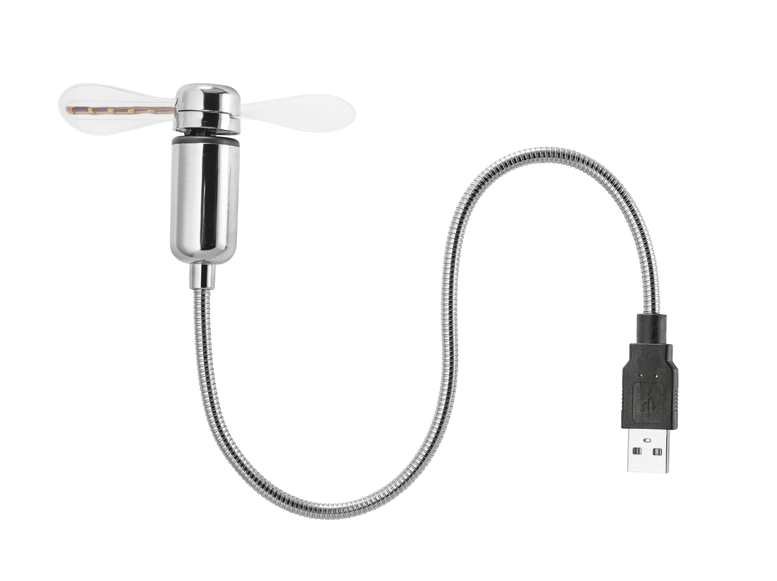 Wentylator USB z dwoma przezroczystymi łopatkami, srebrnym korpusem i elastyczną szyją.
