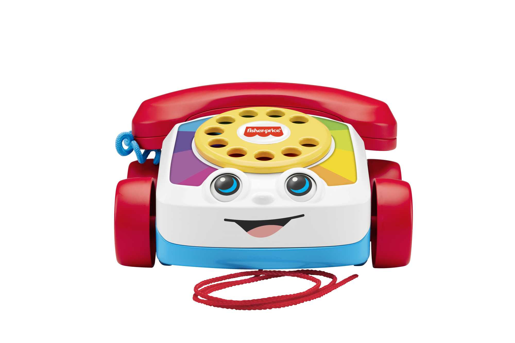 Telefon zabawka Fisher-Price, kolorowa, uśmiechnięta twarz, czerwone koła, białe tło.