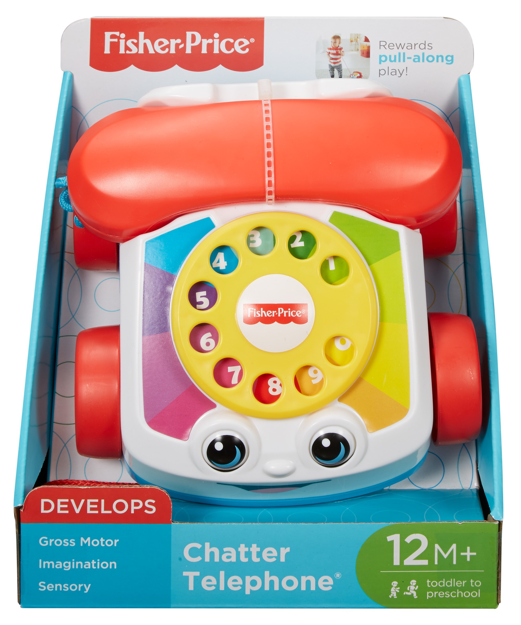 Telefon zabawka Fisher-Price w pudełku. Kolorowa tarcza, czerwone koła i słuchawka.