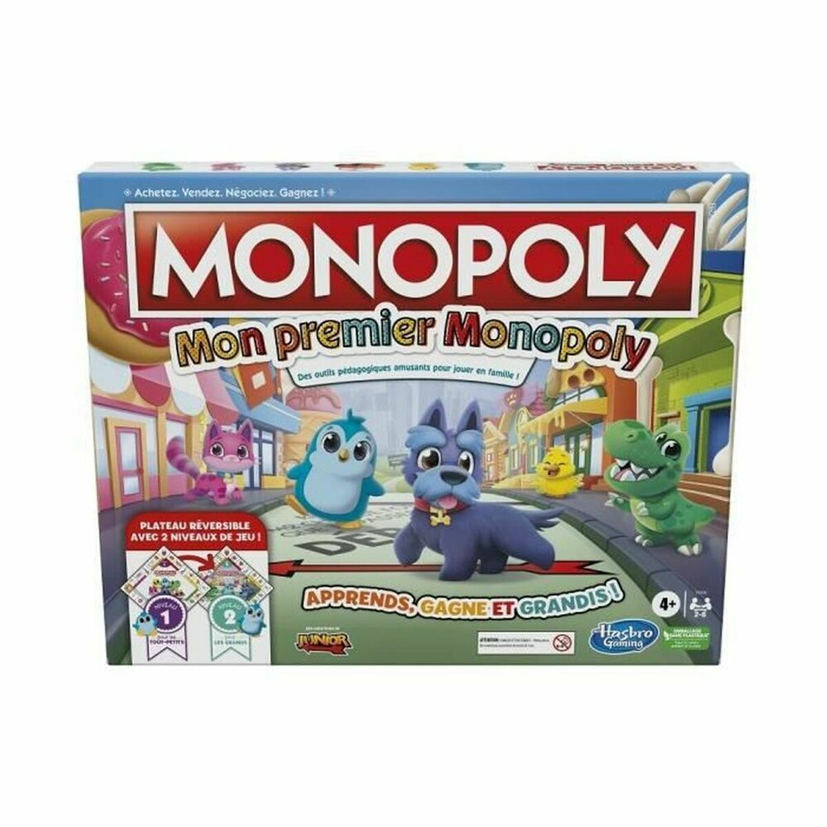 Monopoly: Pudełko gry Mój pierwszy Monopoly z postaciami z kreskówek.