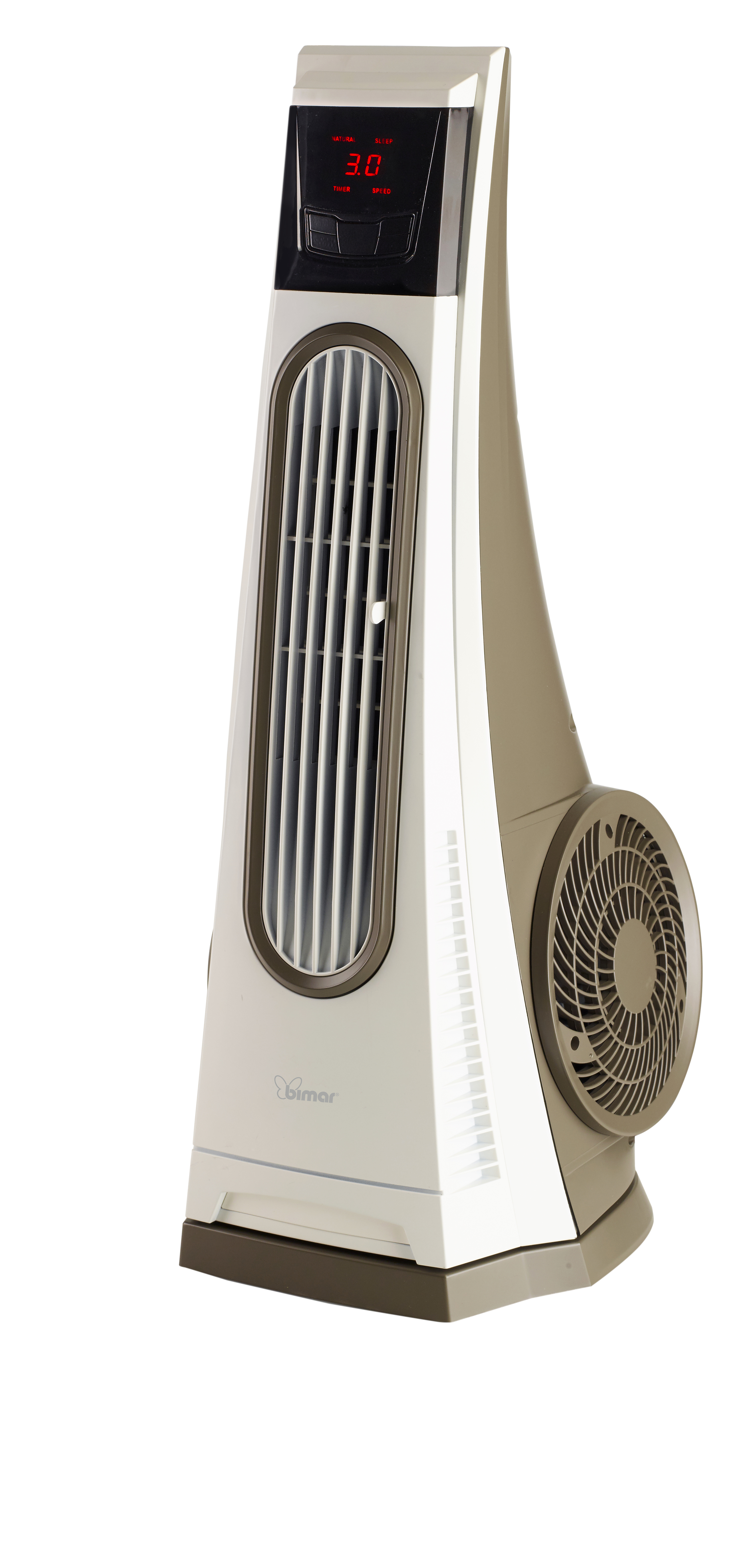 Ventilatore a torre bianco e beige con un display digitale che mostra '3.0' su sfondo bianco.