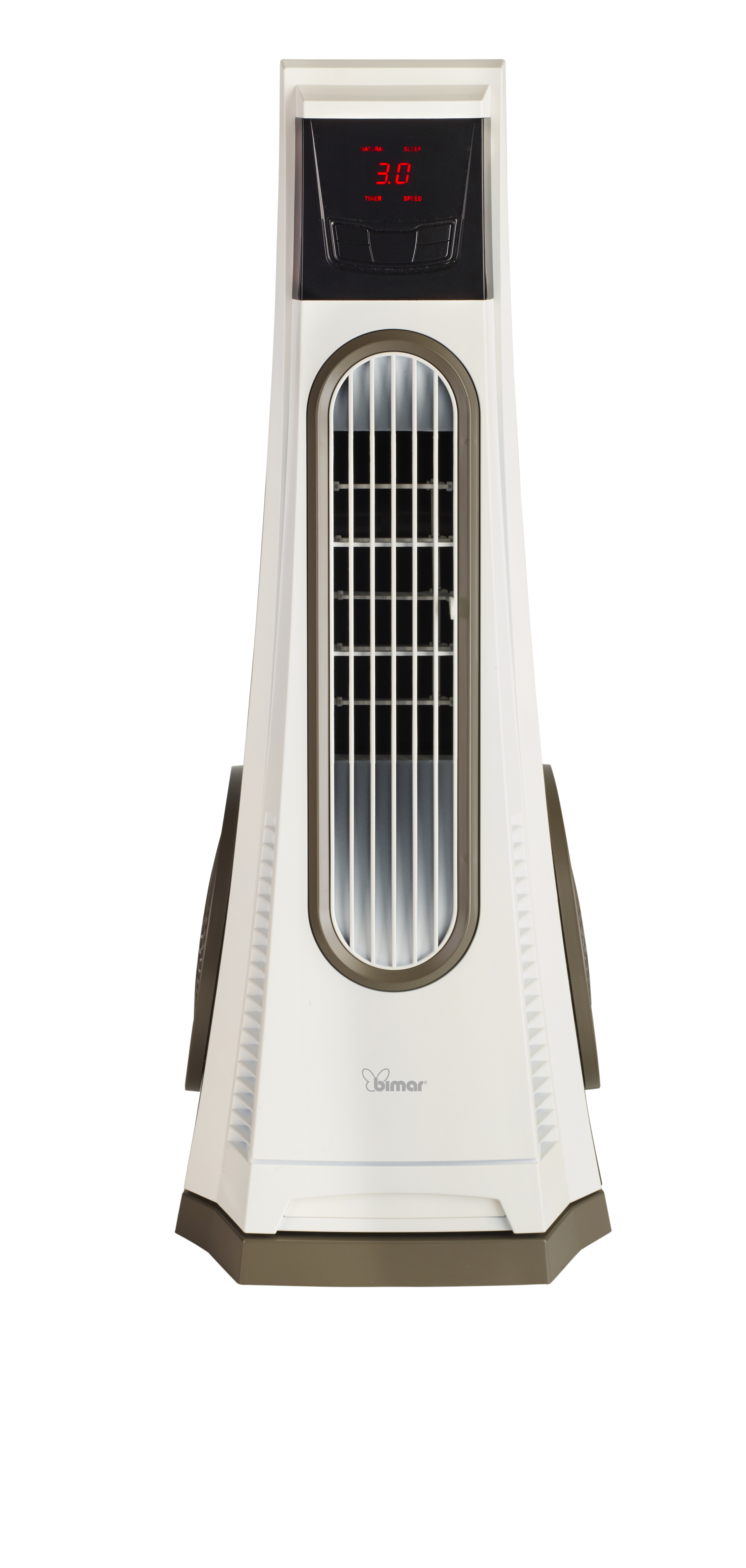 Un ventilatore a torre bianco e grigio con display digitale, isolato su sfondo bianco.