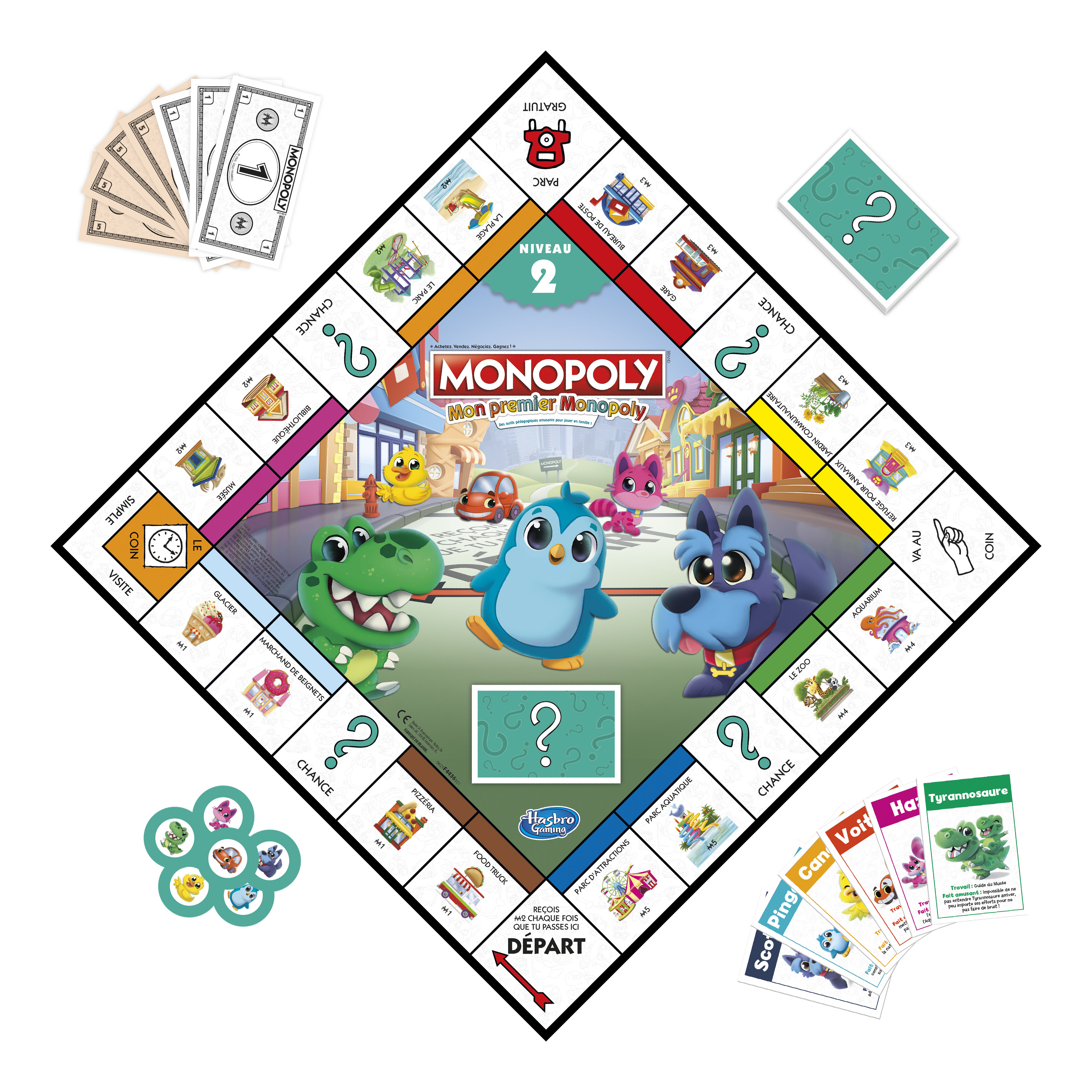 Gra planszowa Monopoly z postaciami z kreskówek, pieniędzmi, kartami i kostkami. Plansza ma kształt rombu.