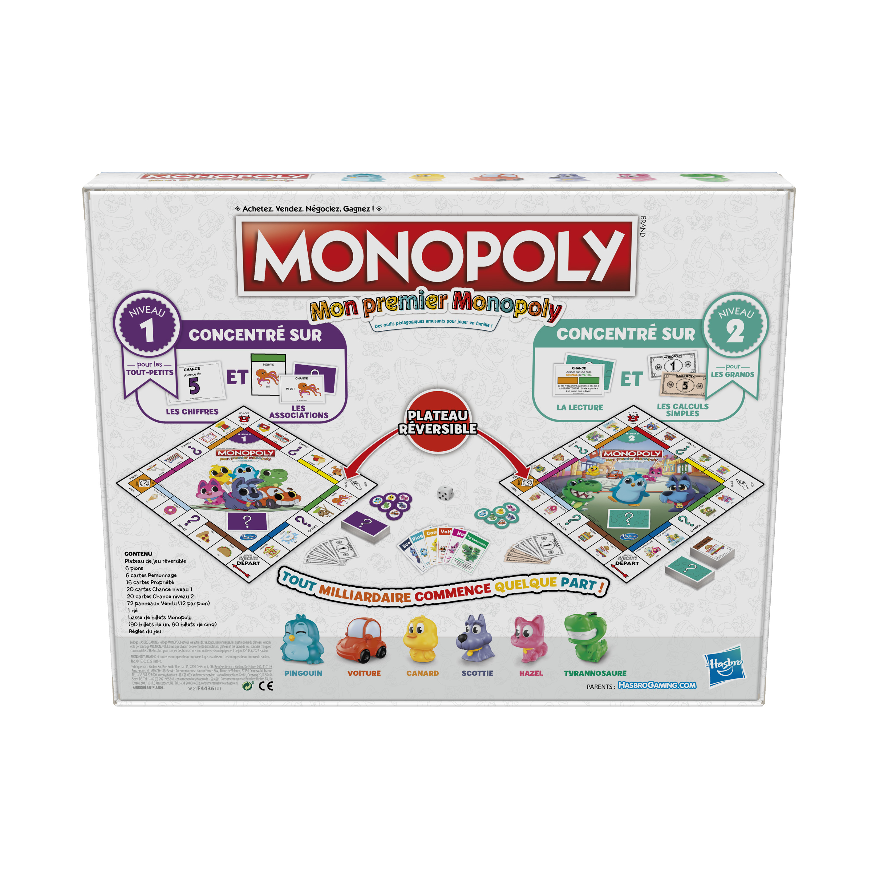 Pudełko gry planszowej Monopoly z postaciami z kreskówek i ilustracjami gier planszowych. Pudełko przedstawia grę Monopoly.