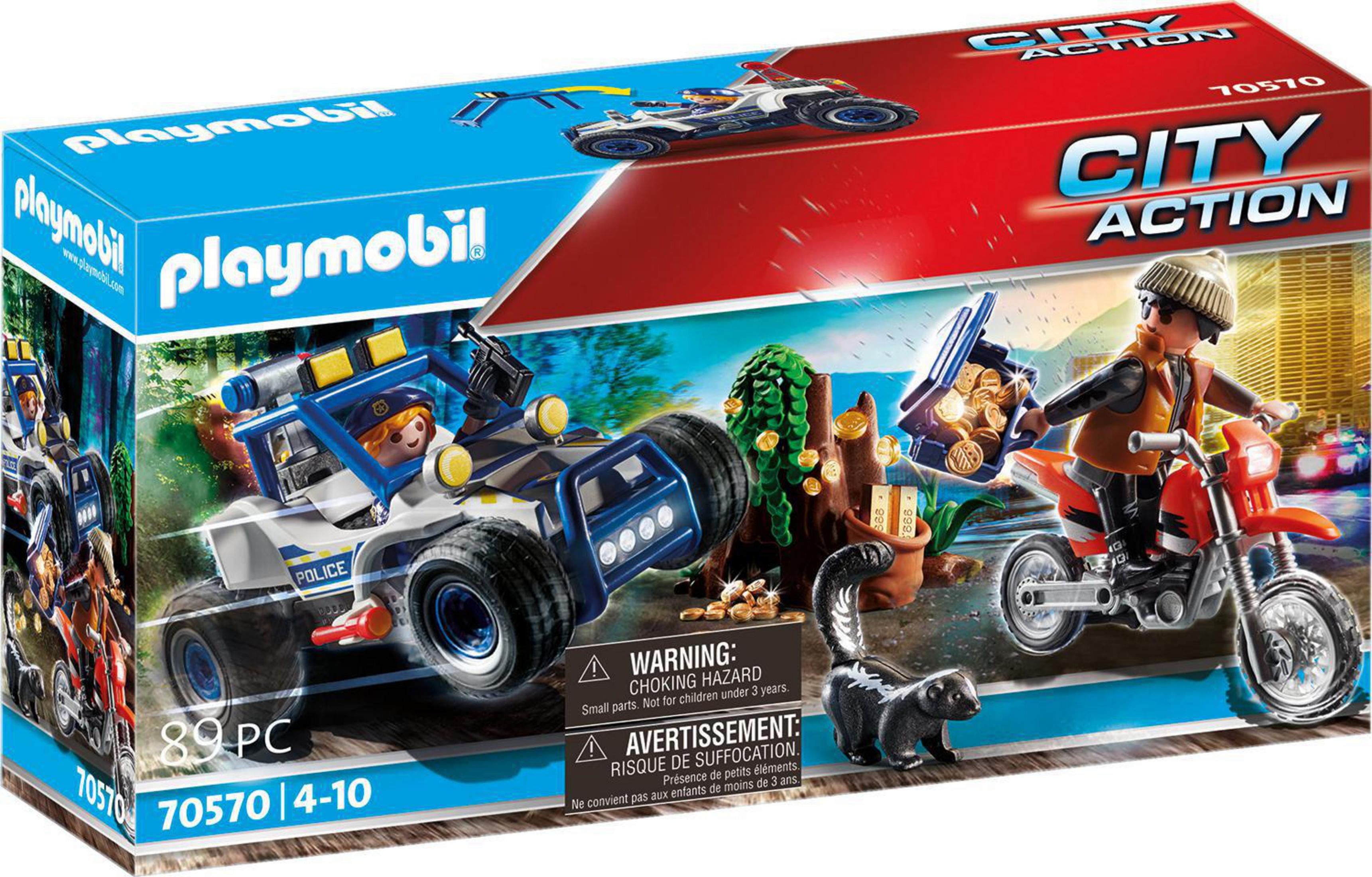 Pudełko Playmobil: Samochód policyjny, motocykl, skunks i figurki z tłem miasta.