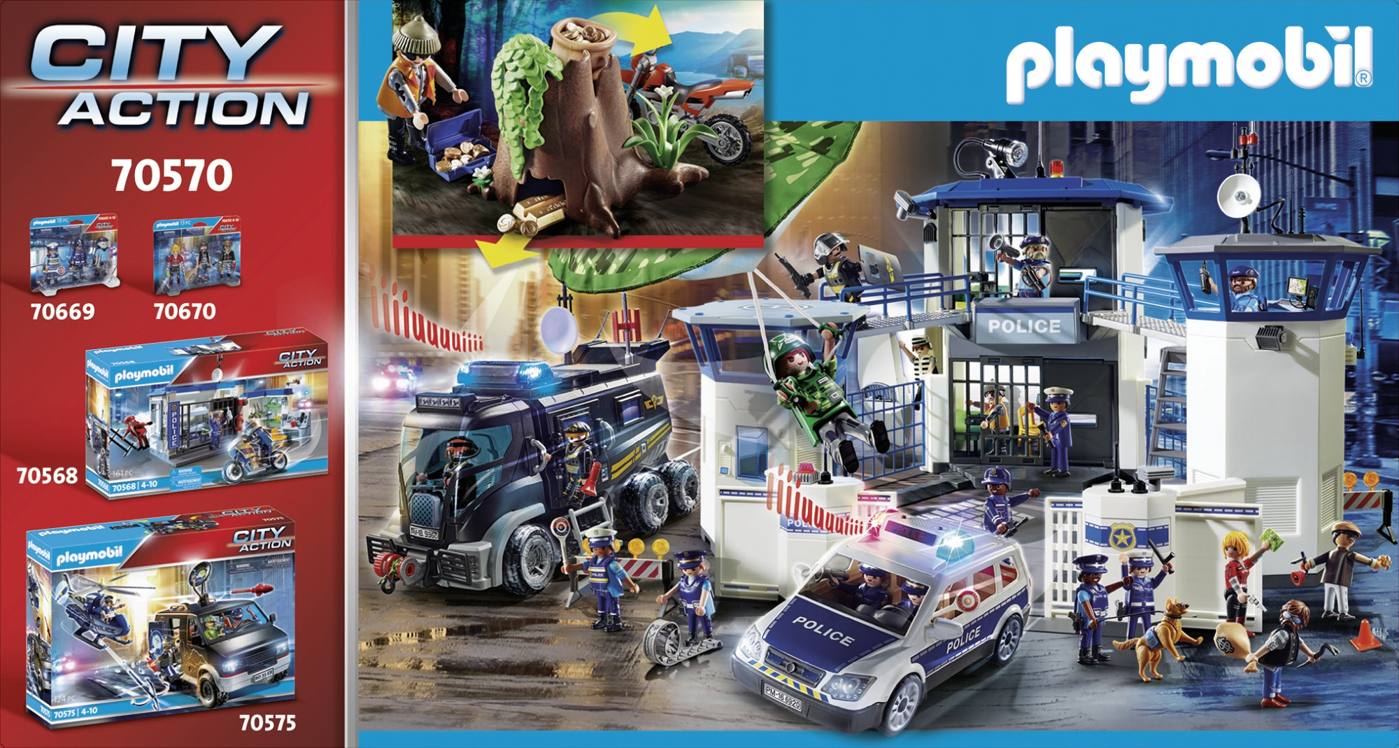 Scena posterunku policji Playmobil z radiowozami, figurkami i zestawem budowlanym.