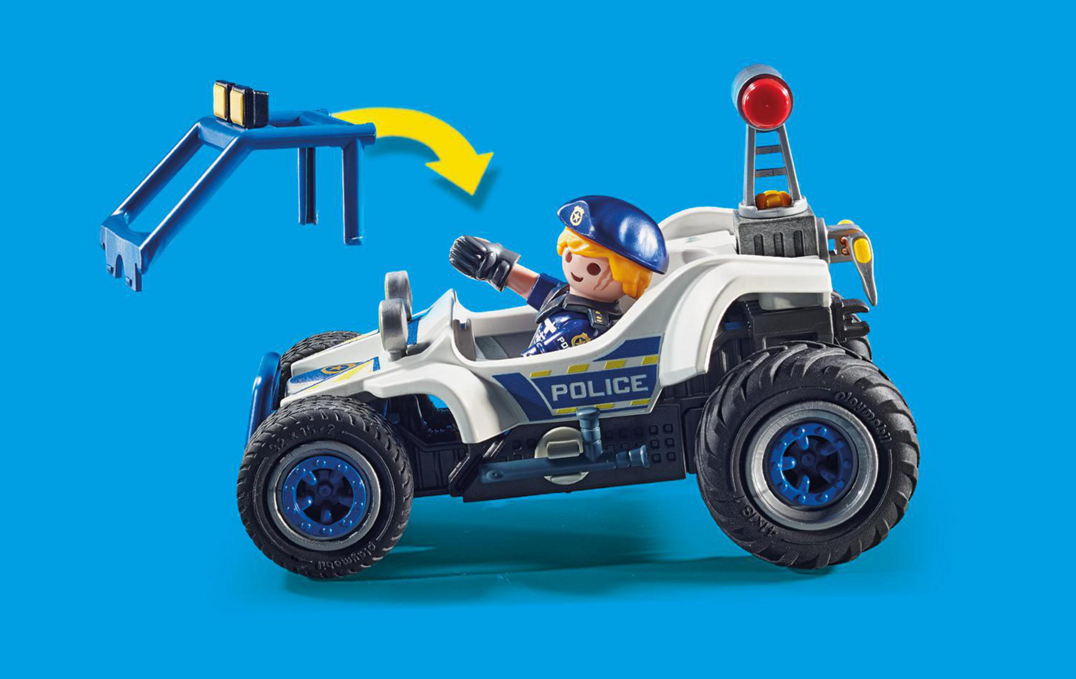 Samochód policyjny Playmobil z figurką w środku i oddzielnym niebieskim dachem.