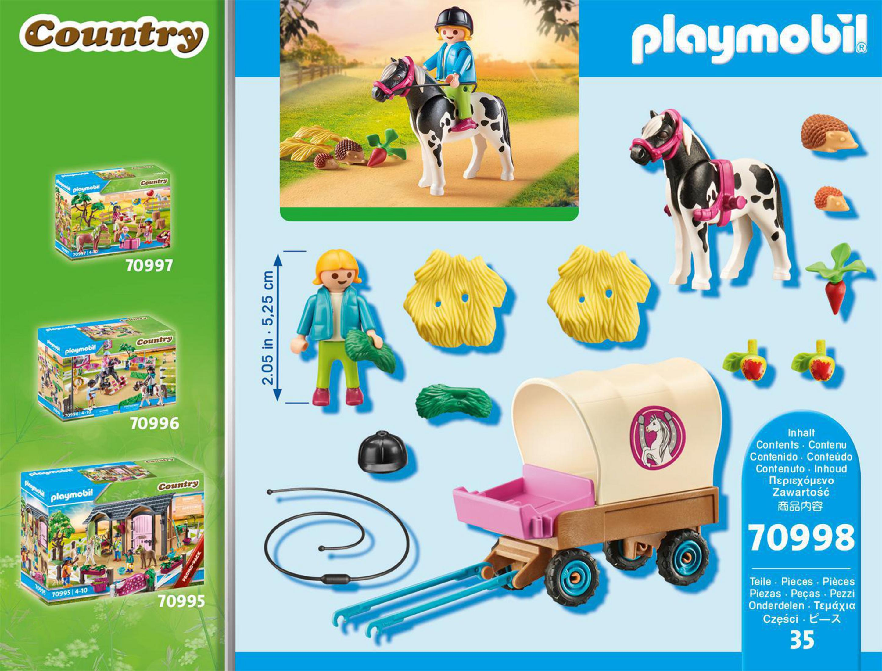 Zestaw Playmobil Country z koniem, jeźdźcem i dodatkowymi akcesoriami. Pudełko przedstawia zestaw.