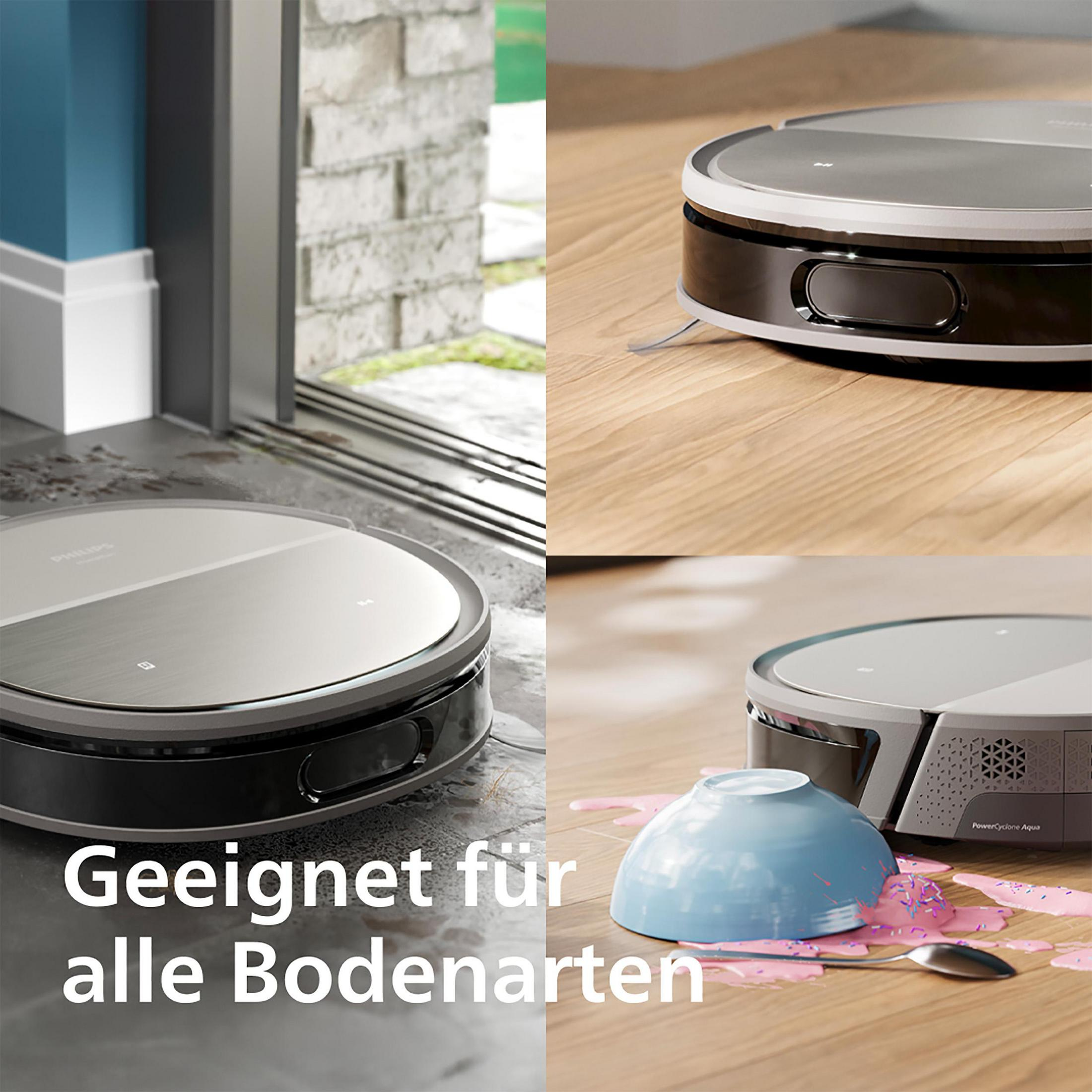 Cztery zdjęcia robota sprzątającego Philips HomeRun z tekstem: Odpowiedni do wszystkich rodzajów podłóg.