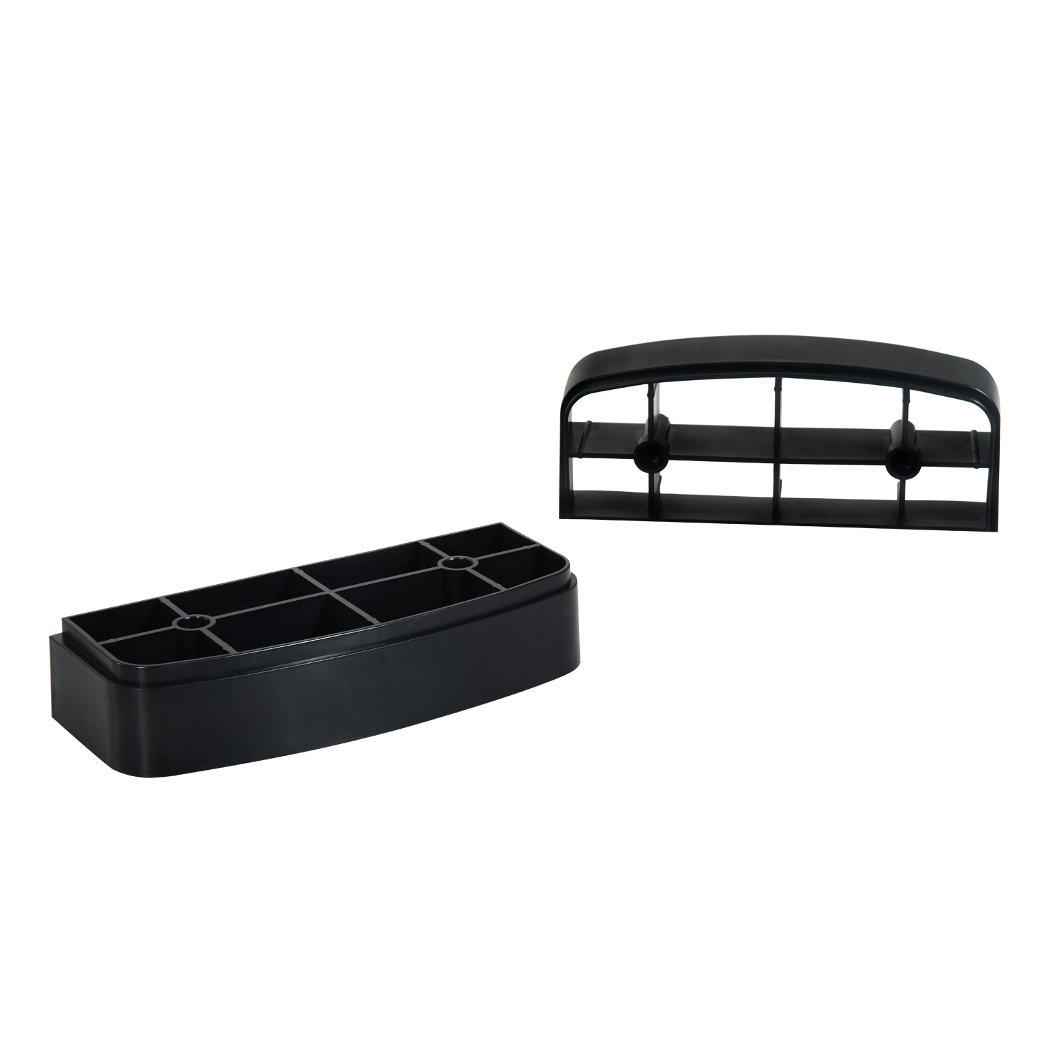 Patas de muebles de plástico negro. Dos están separadas y una está unida a una pieza base.