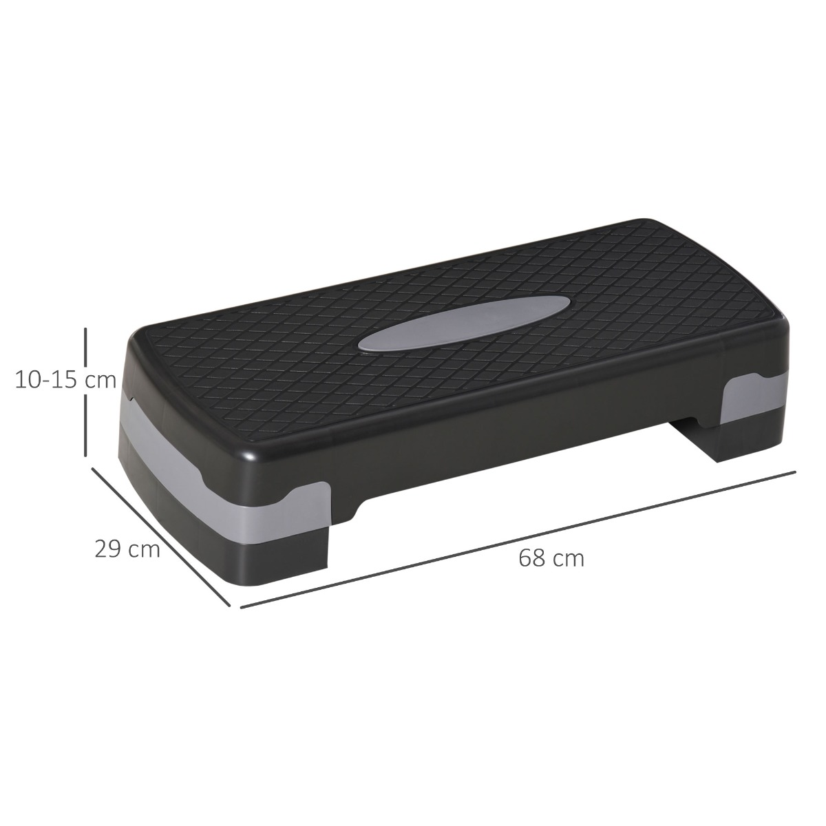 Plataforma de step negra con detalles grises, dimensiones: 68 cm largo, 29 cm ancho y 10-15 cm alto.