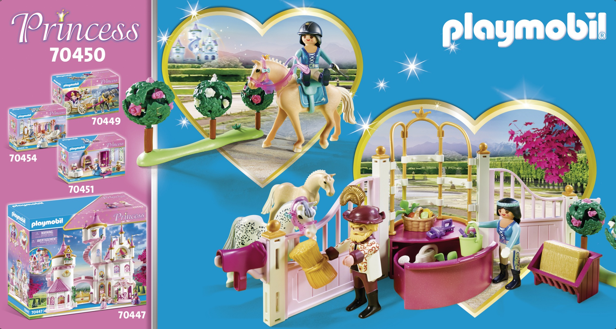 Pudełko z zestawem Playmobil. Pudełko przedstawia zabawki z zamkiem, końmi, jeźdźcami i sceną w ogrodzie z niebieskim tłem.