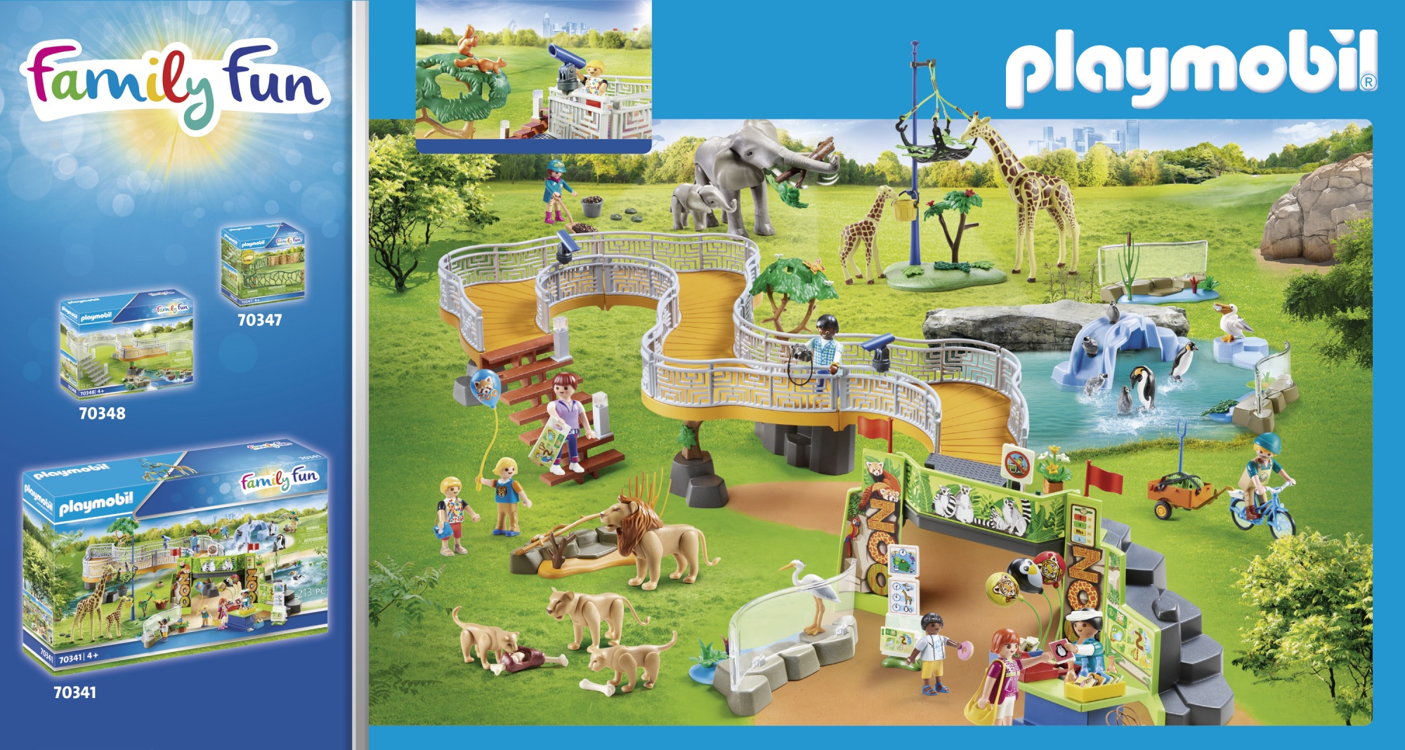 Scena dello zoo Playmobil con vari animali, persone e un ponte. Ci sono anche più scatole di set Playmobil.