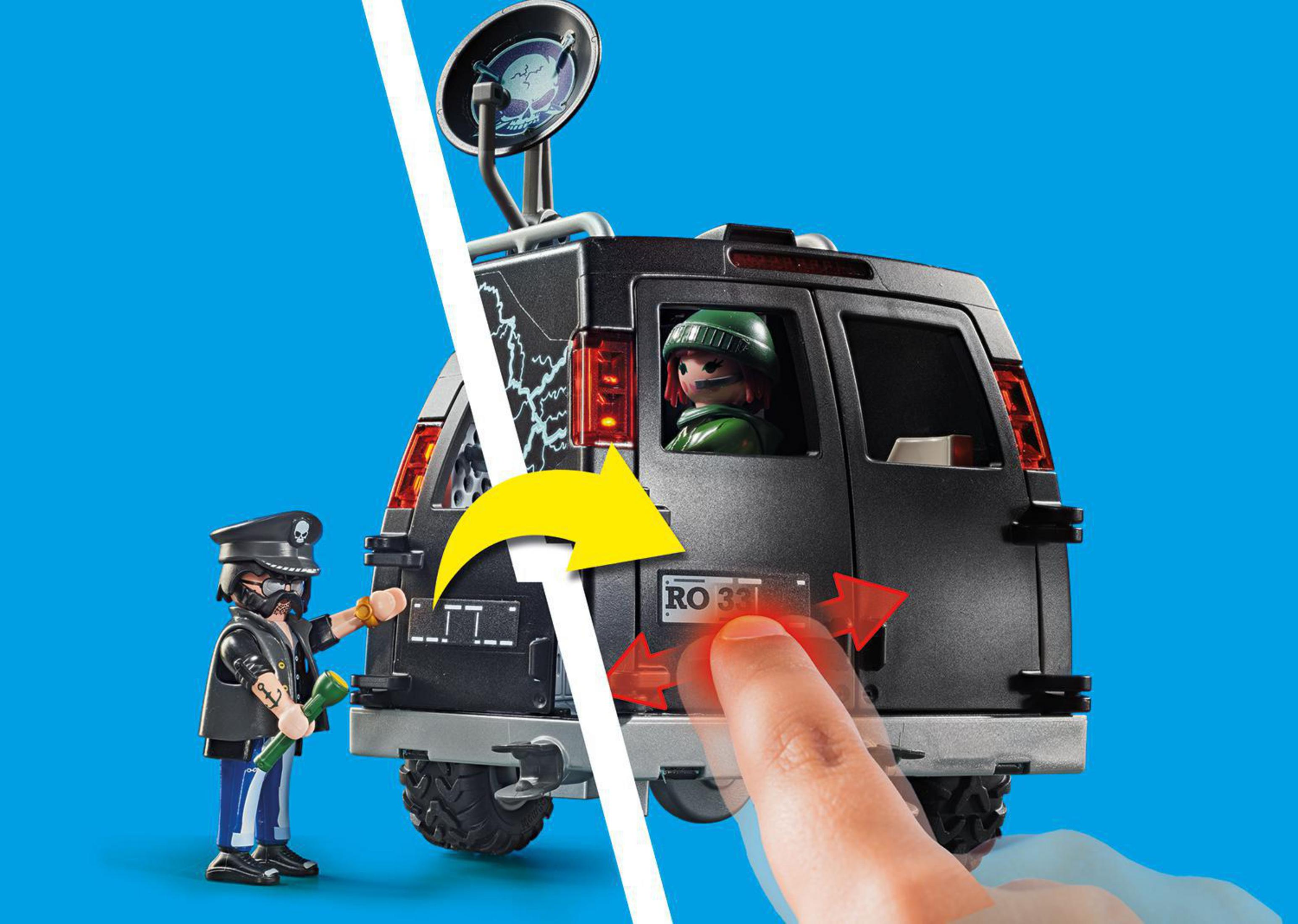 Una escena de policía Playmobil con una furgoneta, figuras y un gesto que indica una acción.