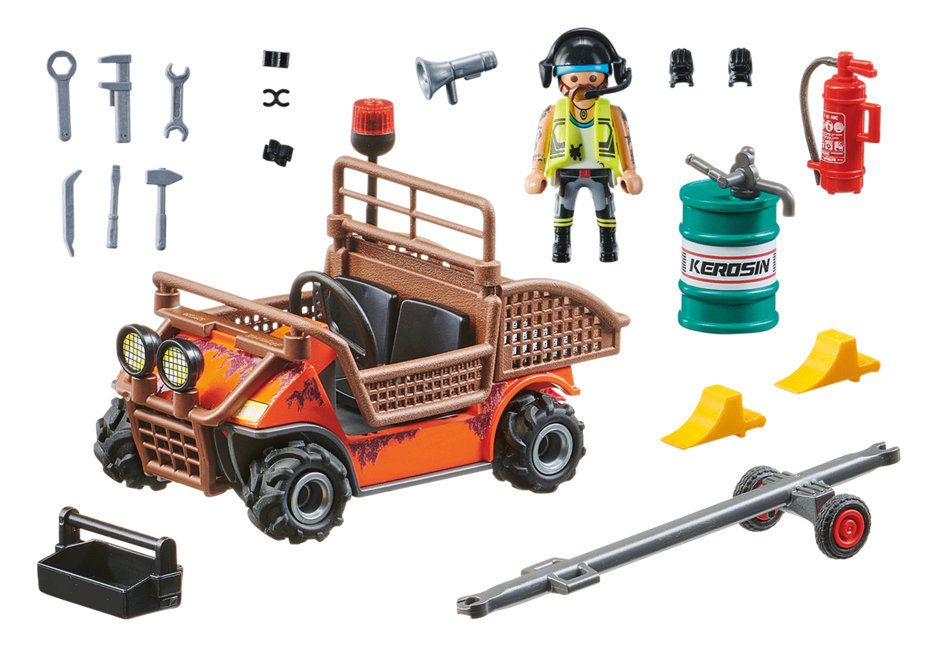 Auto e accessori Playmobil Stunt Show, inclusi strumenti, un barile e una figura.