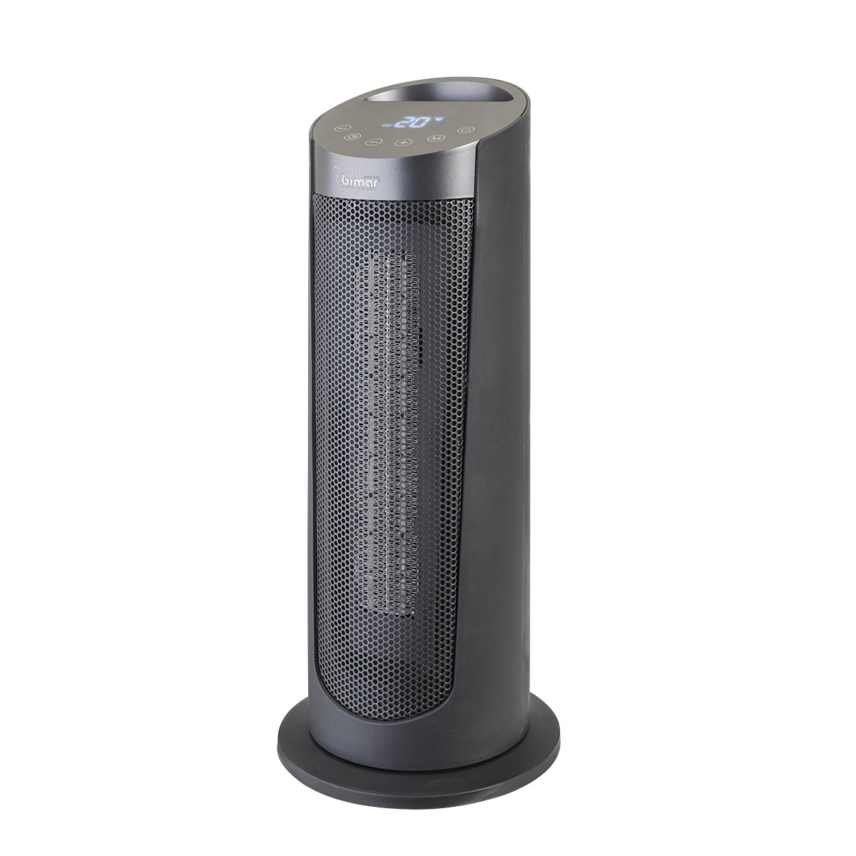 Termoconvettore moderno grigio scuro con display digitale e base nera.