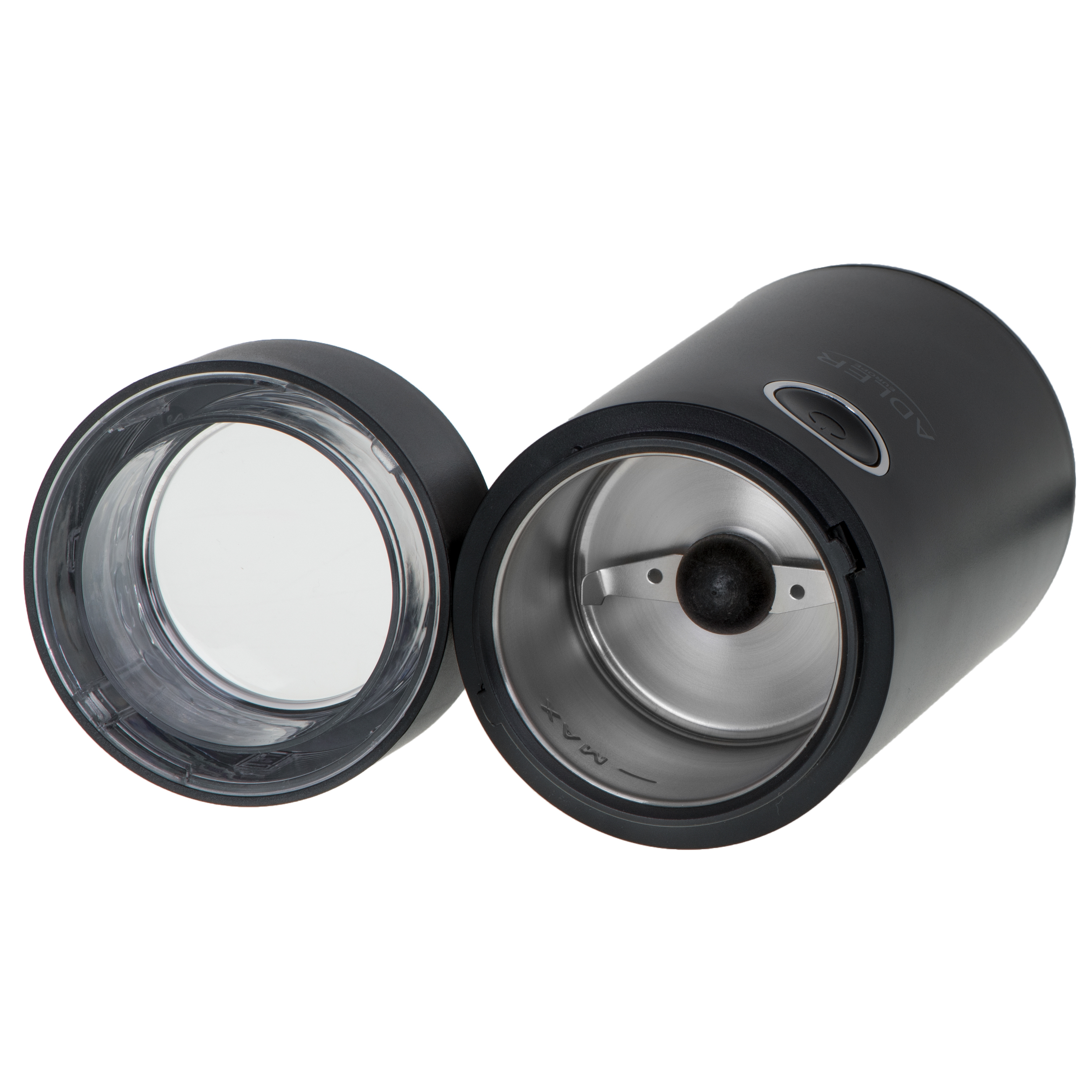 Czarny młynek do kawy z otwartą pokrywą. Wewnątrz widoczne są ostrza młynka.