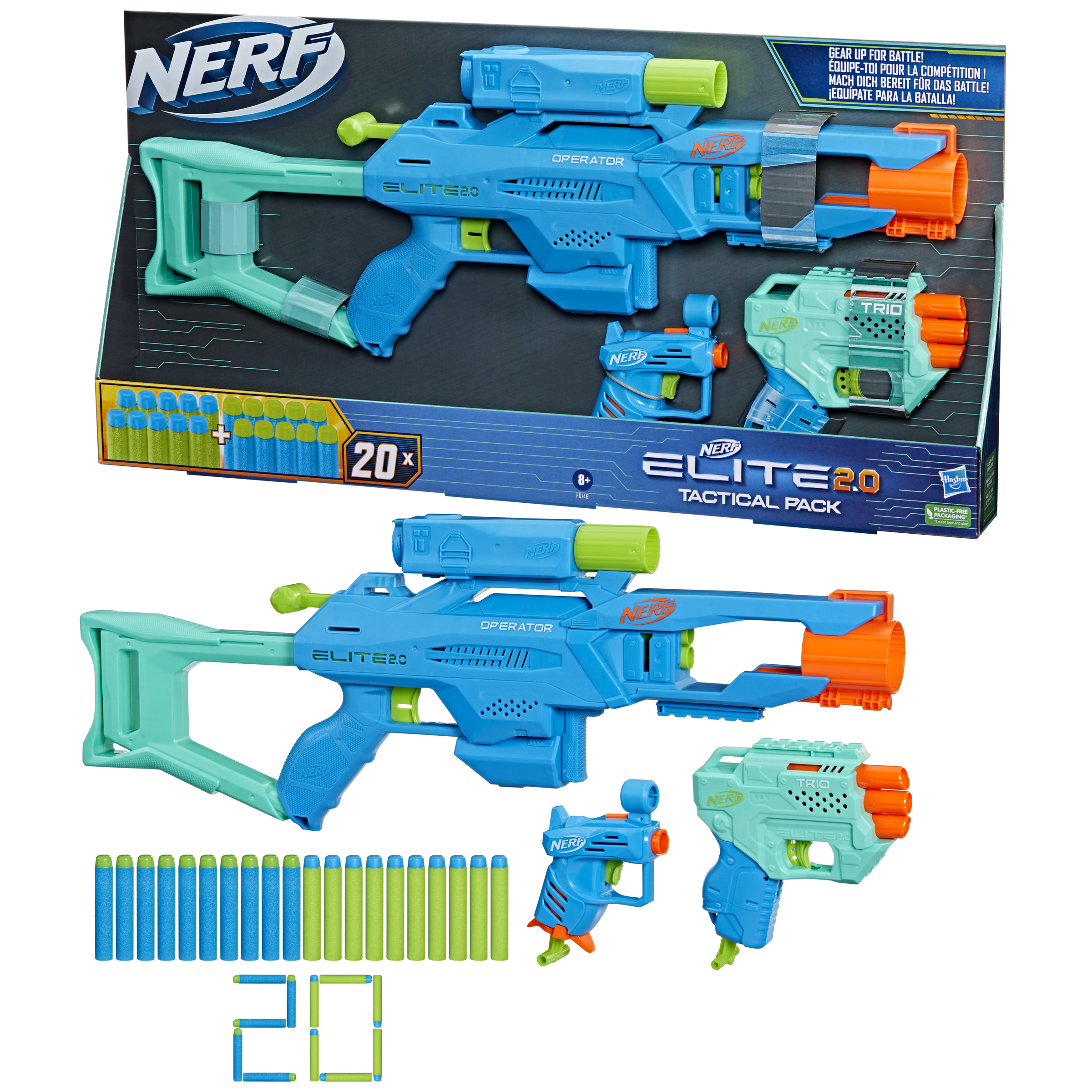 Nerf Elite 2.0 Tactical Pack, con pistole giocattolo, dardi e accessori, in una scatola.