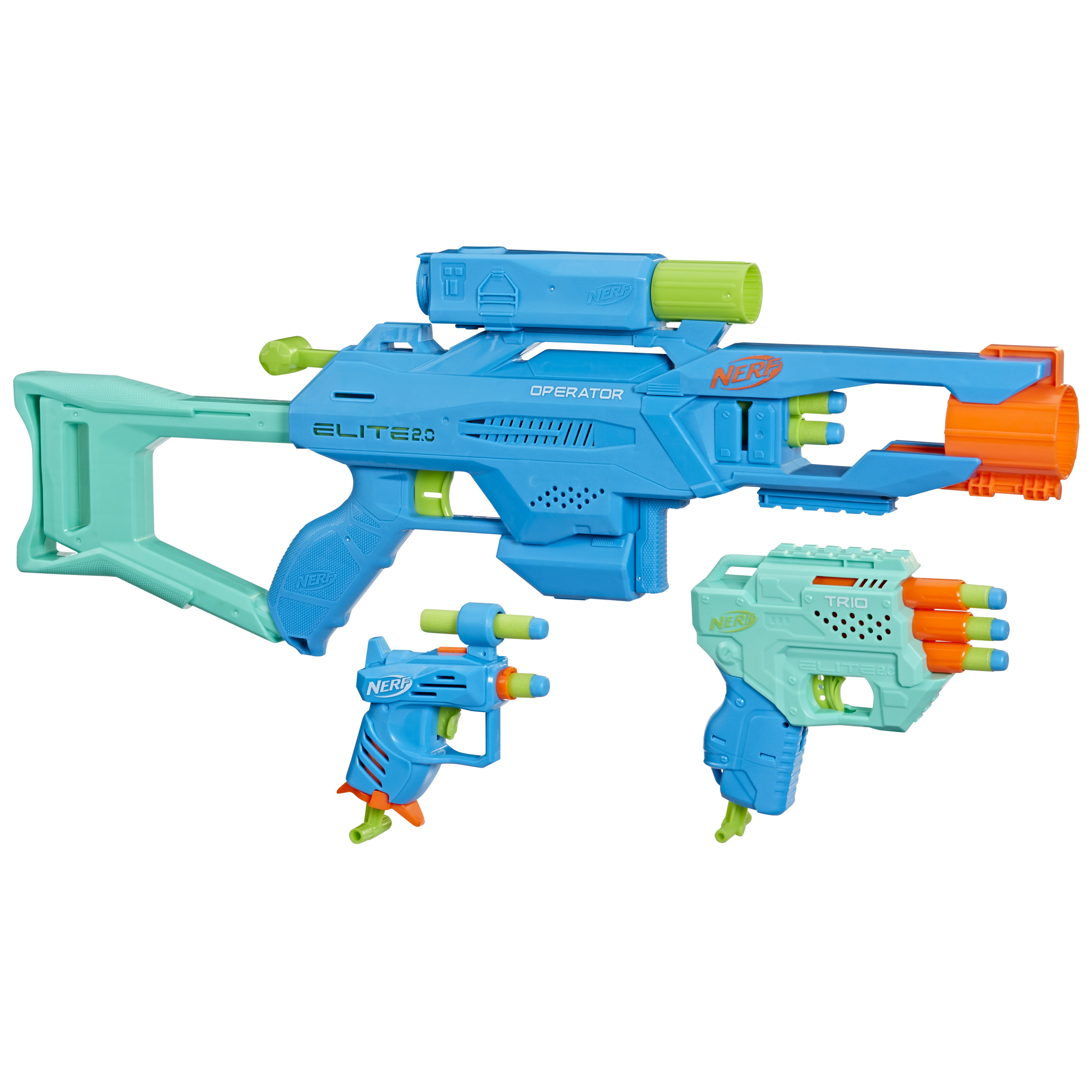 Un set di pistole giocattolo Nerf, blu e verdi, su sfondo bianco.