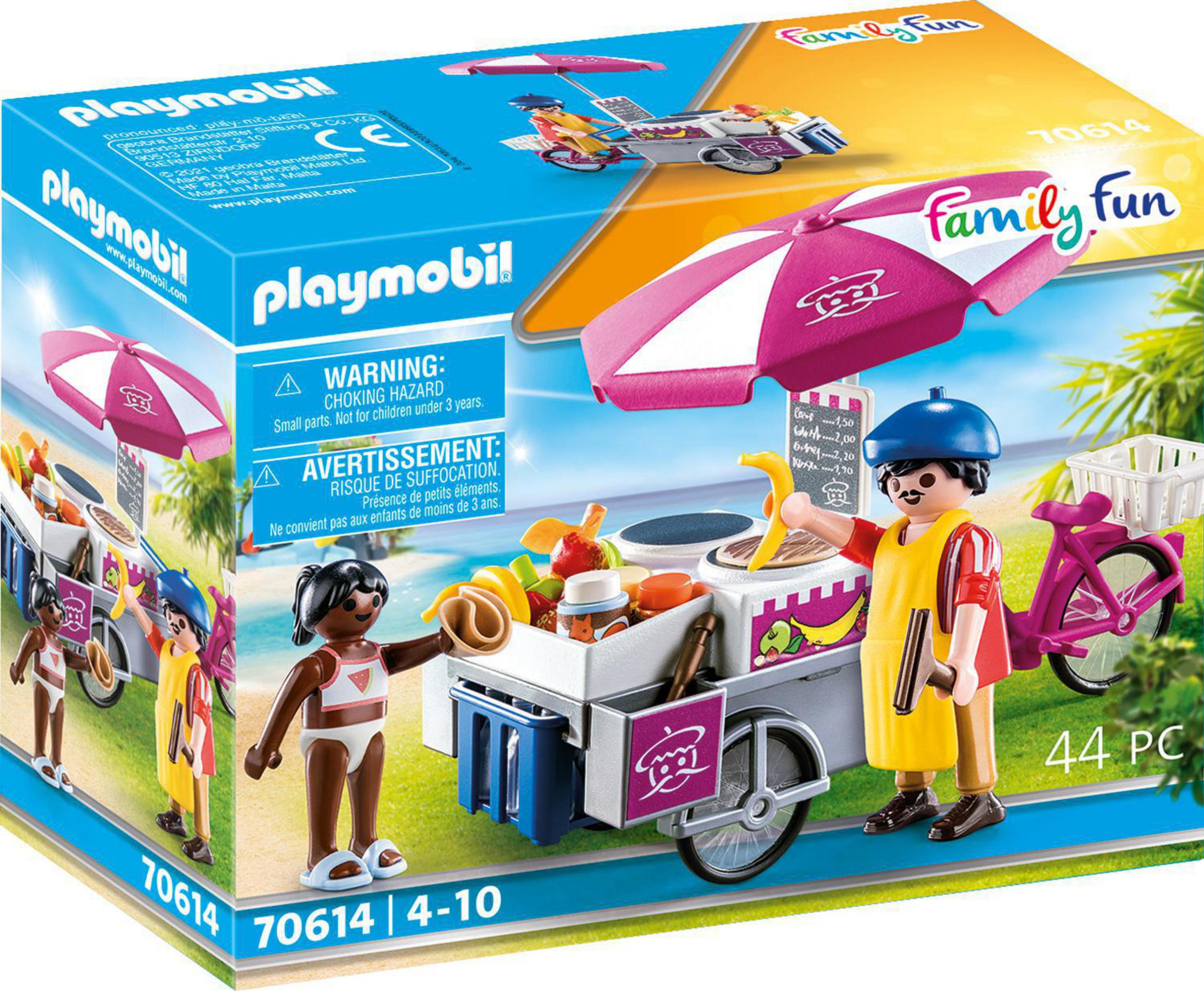 Zabawka Playmobil z lodziarnią z figurkami, różowym rowerem i tłem plażowym.
