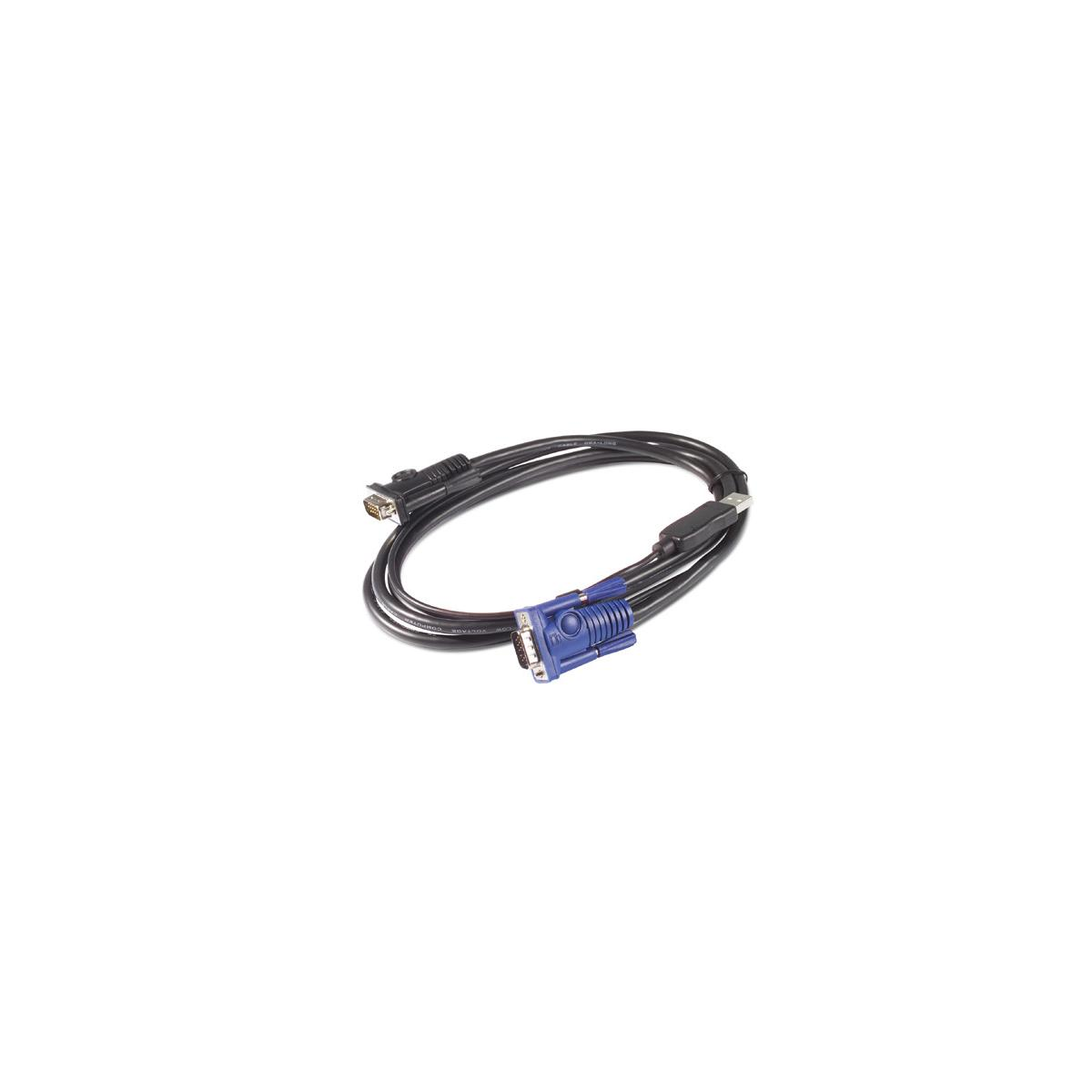 Un cavo nero con un VGA e un altro connettore, su sfondo bianco.