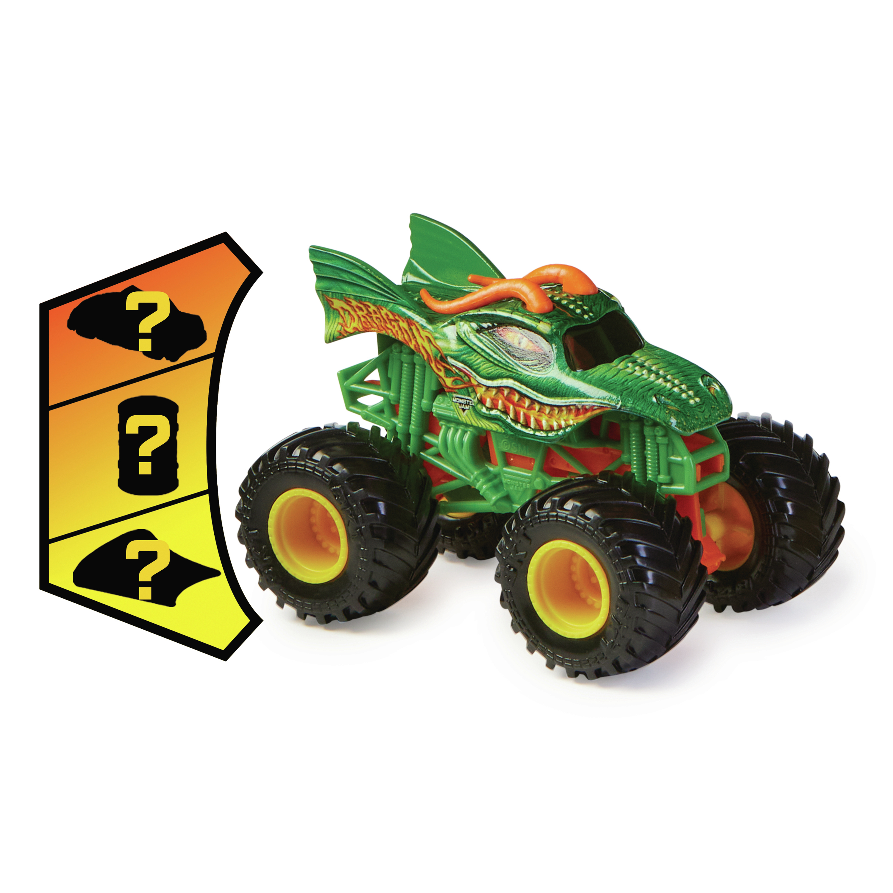 Zielony smok Monster Jam truck zabawka i wzór znaku zapytania.