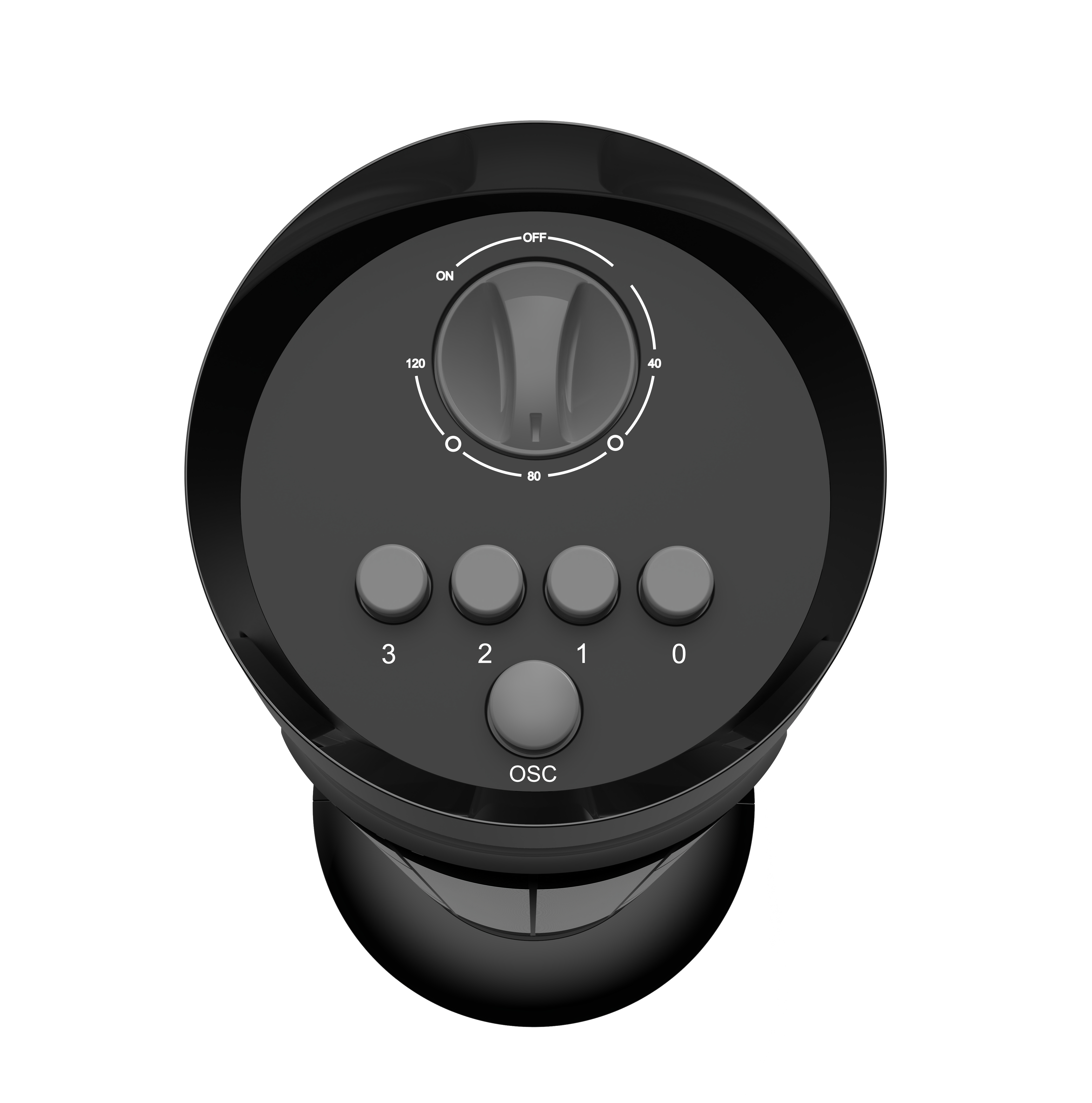 Widok z góry na czarny panel sterowania wentylatorem z przyciskami i pokrętłem.