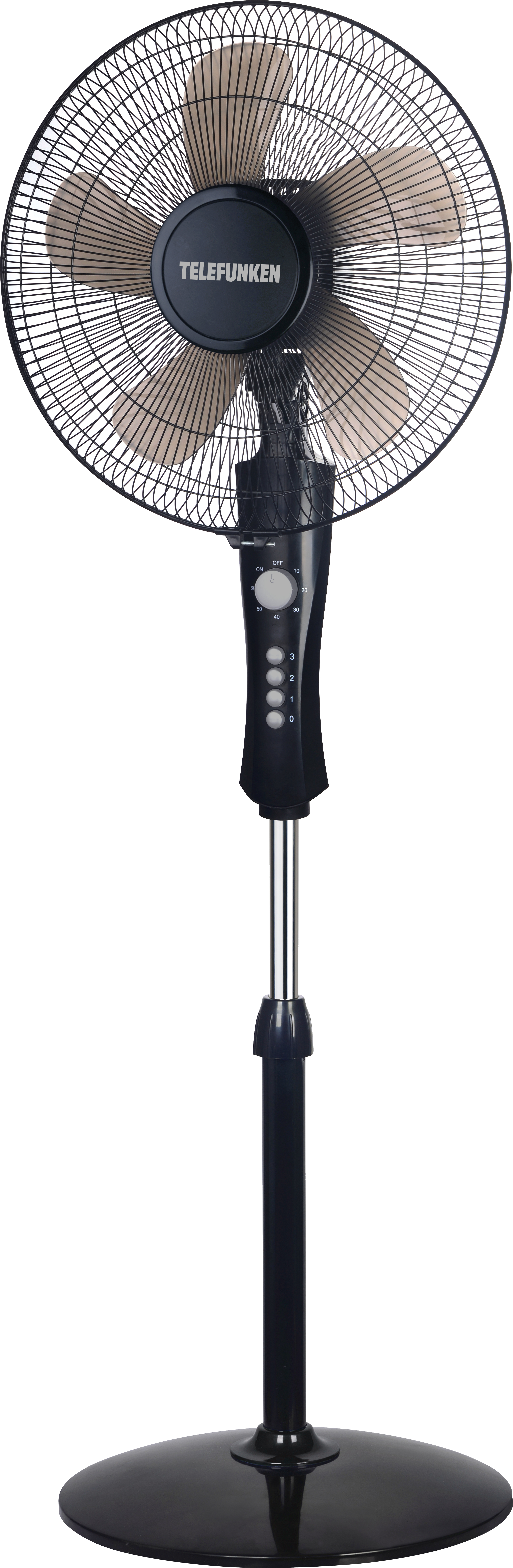 Czarny wentylator stojący. Ma okrągłą podstawę, czarny słup i głowicę wentylatora z brązowymi łopatkami.