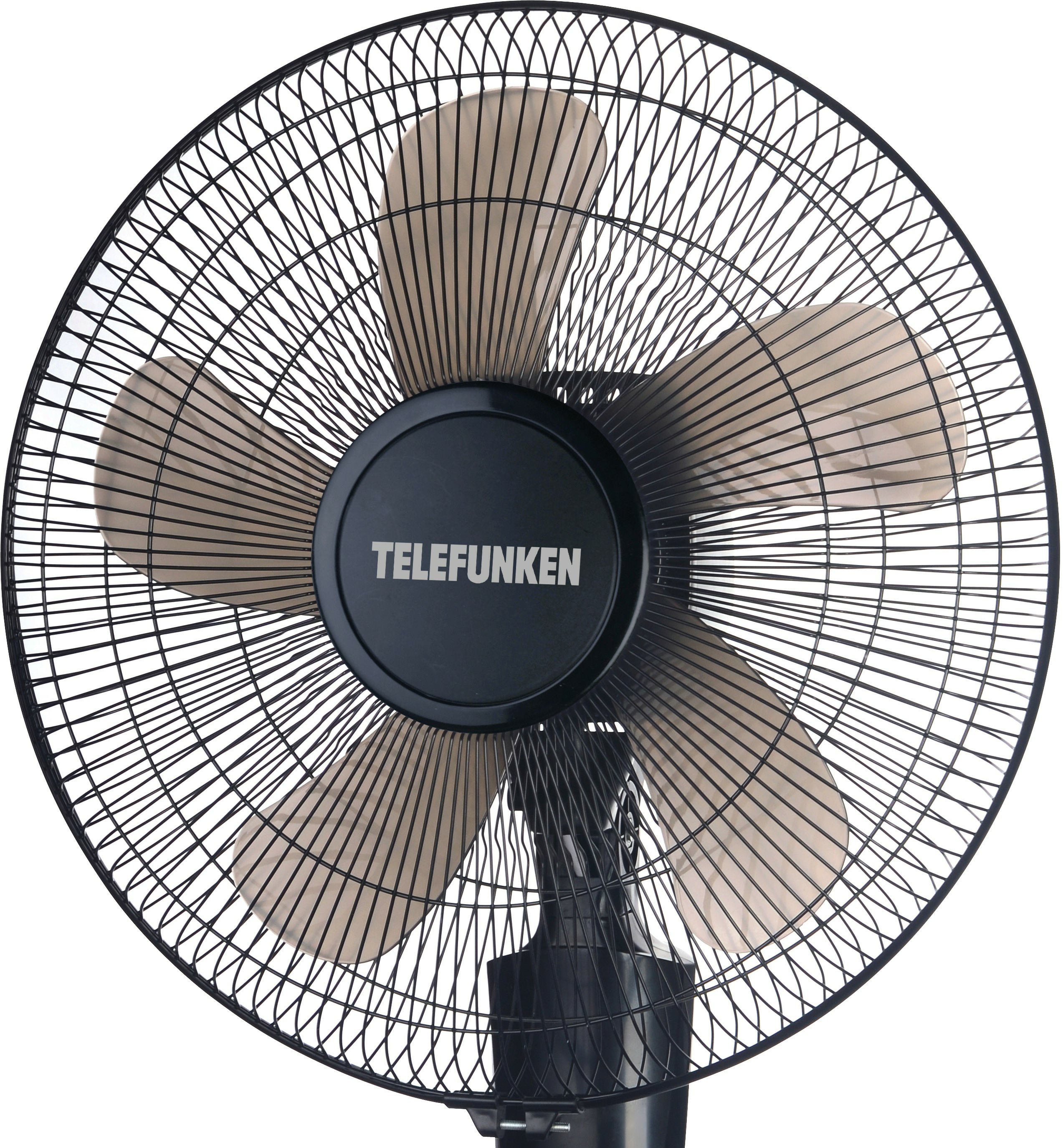 Czarny wentylator stojący, z osłoną ochronną i łopatkami. Widoczna jest nazwa marki "TELEFUNKEN".
