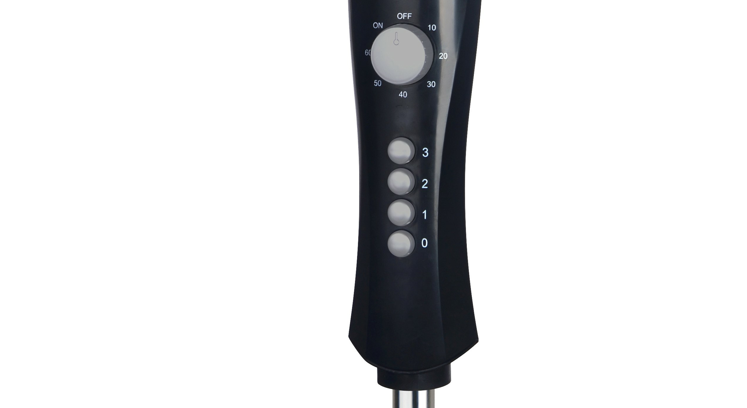 Czarna podstawa stojaka wentylatora z panelem sterowania, przyciskami od 0 do 3, pokrętłem i srebrnym pierścieniem.