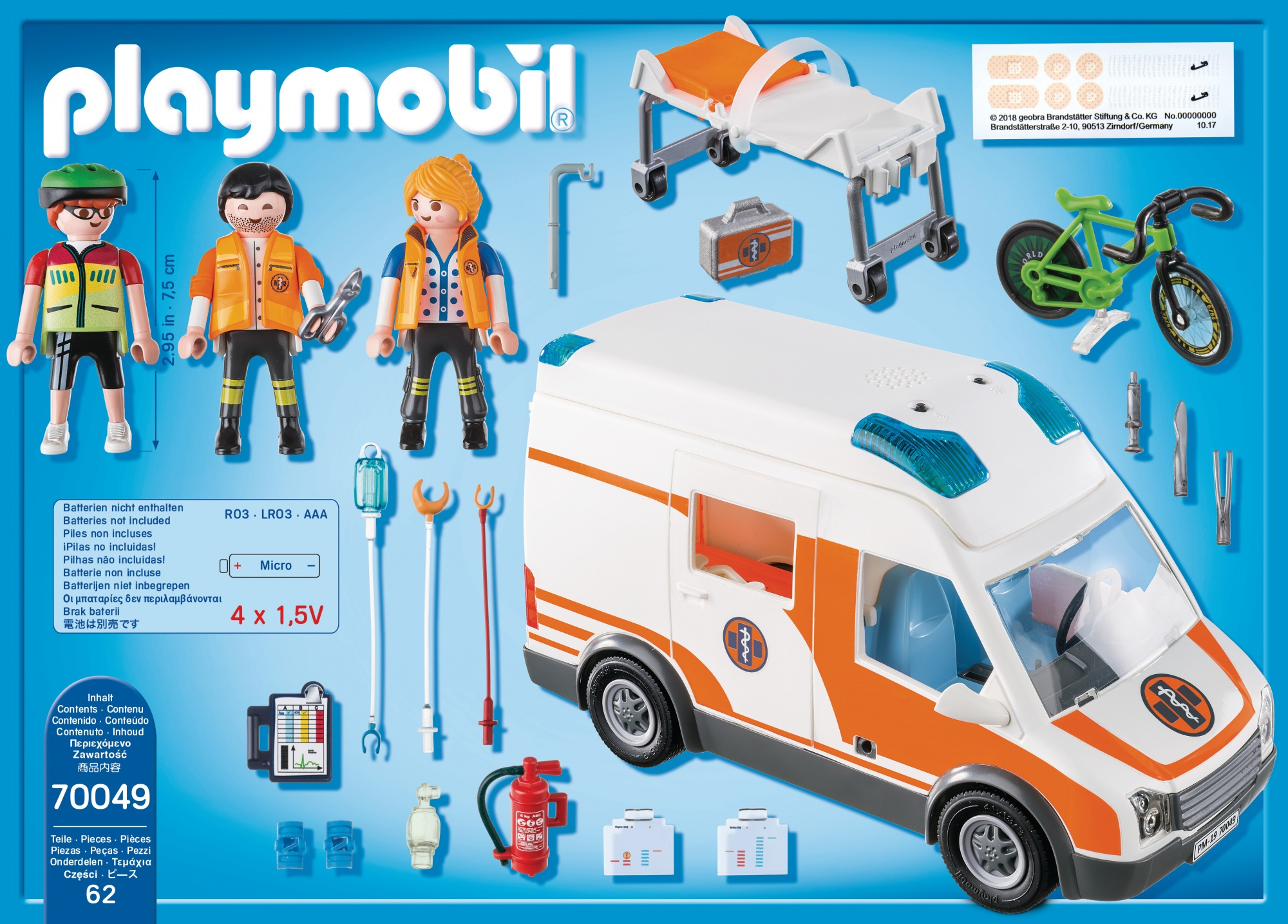 Set ambulanza giocattolo con ambulanza, figure, strumenti medici e accessori. Bianco e arancione. Testo e bicicletta verde.