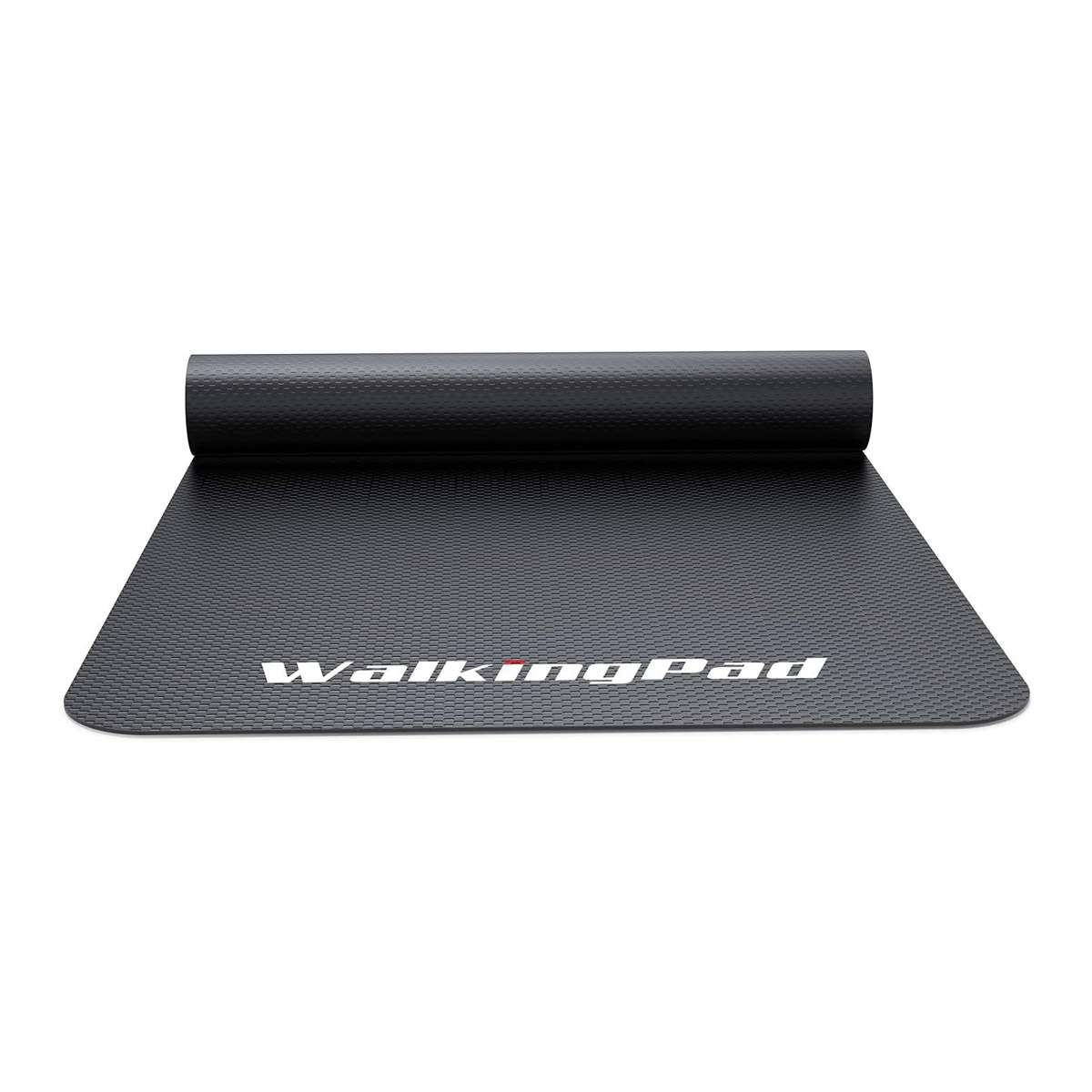 Un tappeto da camminata nero è arrotolato. Il marchio 'WalkingPad' è visibile in bianco sul tappeto.