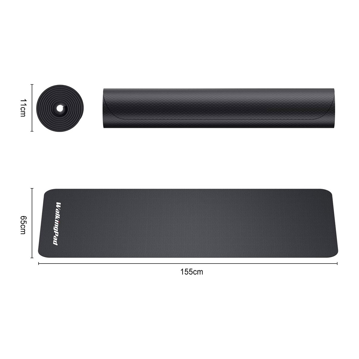 WalkingPad nero con dimensioni su un diagramma. Include una lunghezza di 155 cm e una larghezza di 65 cm.