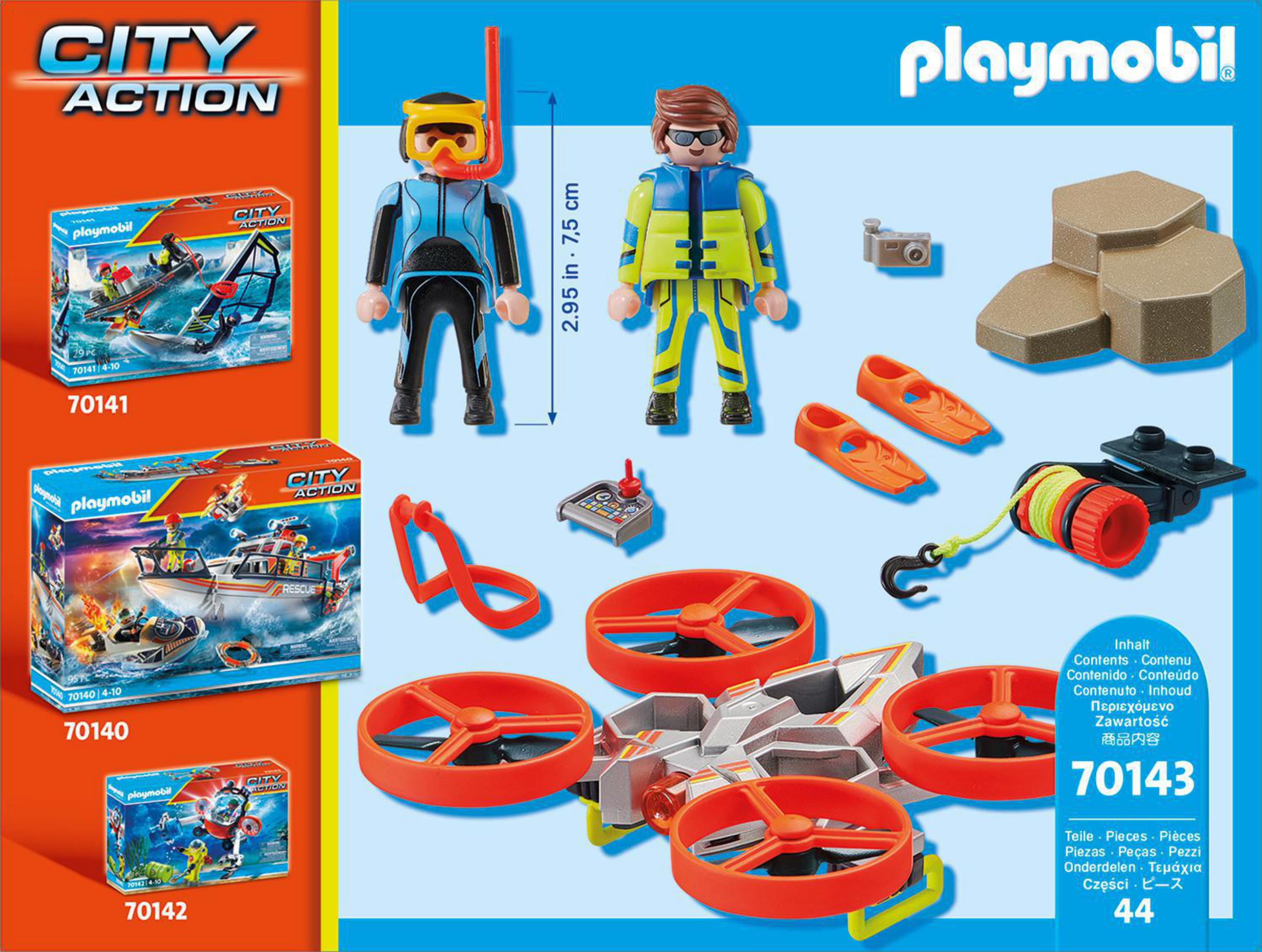 Set Playmobil City Action. Contiene figuras y accesorios para escenarios de rescate, mostrados con cajas.