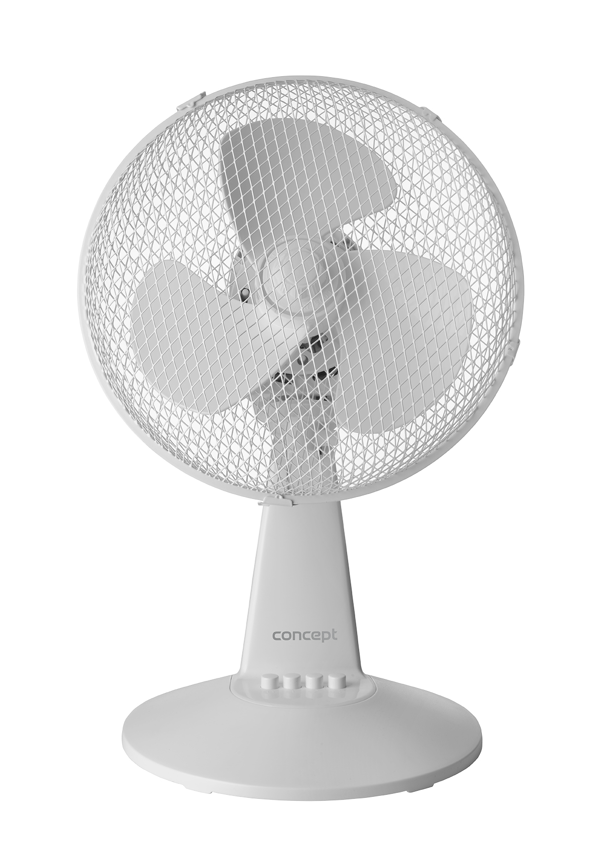 Un ventilatore da tavolo bianco con base arrotondata e rete protettiva, su sfondo bianco.