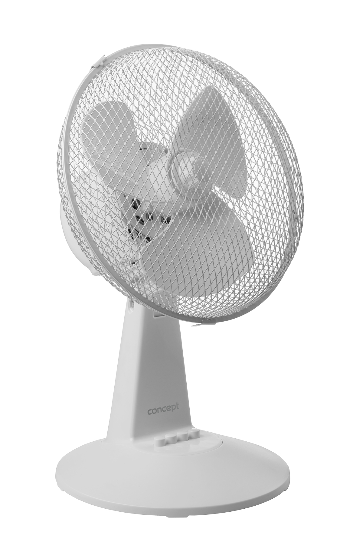 Ventilatore da tavolo bianco con griglia protettiva in metallo. Ha una base arrotondata.