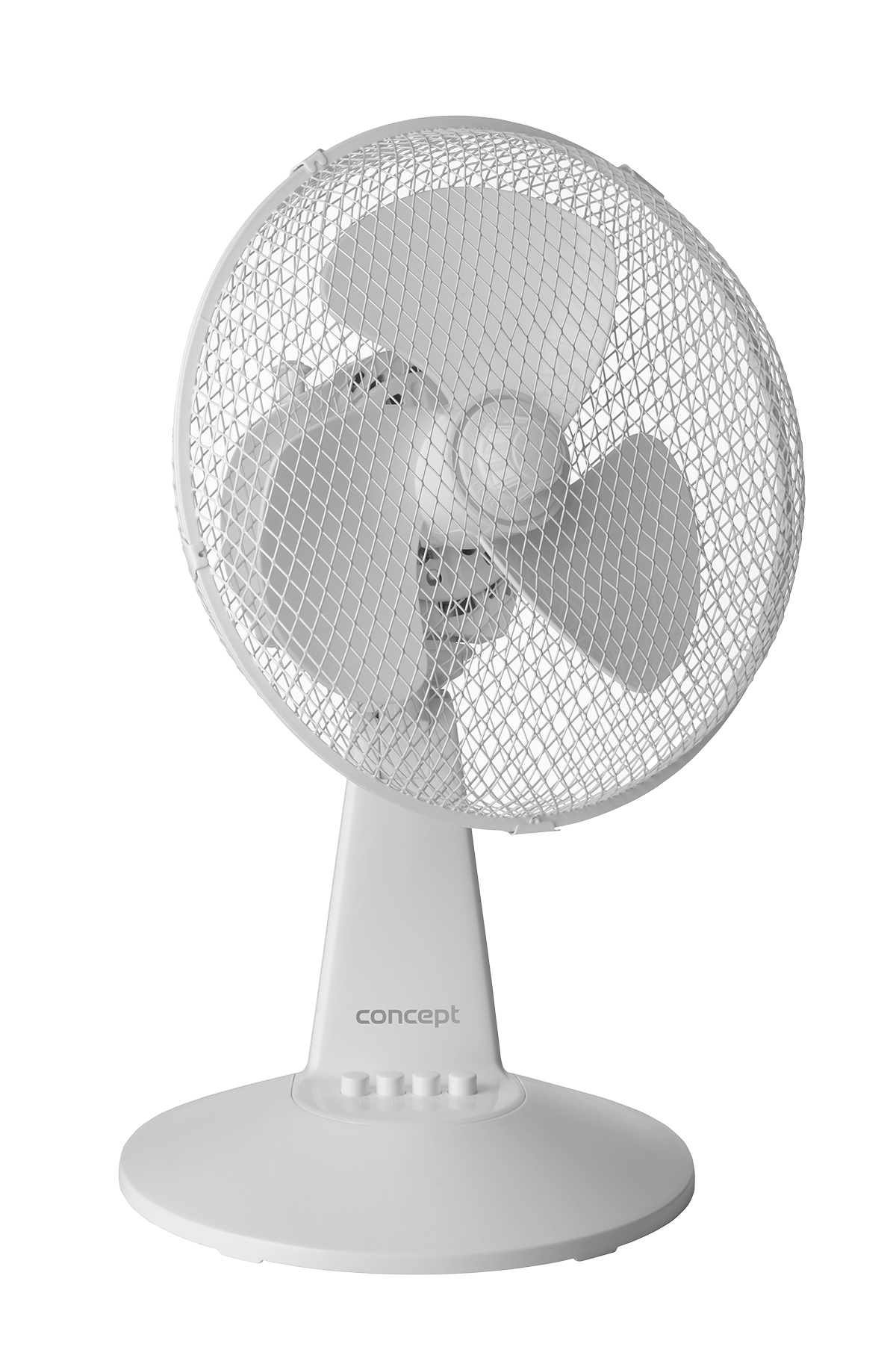 Ventilatore da tavolo bianco con griglia protettiva in metallo. Ha una base arrotondata.