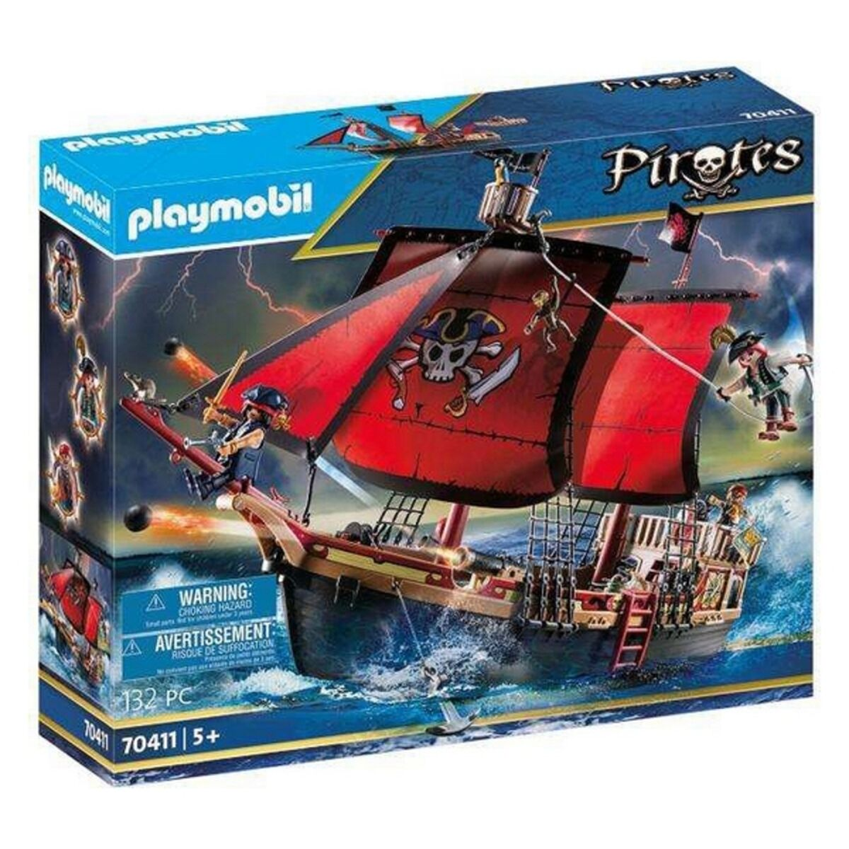 Scatola dei giocattoli della nave pirata Playmobil. Presenta la nave, i pirati e una scena di nave pirata nella scatola.